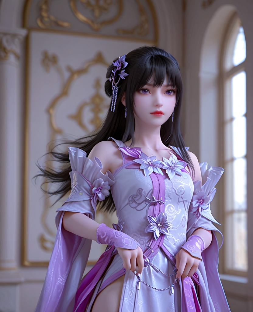 (oriental architecture, elegant decor, sophisticated style:1.1),practicing Yoga,(breasts:1.2),<lora:XL完美世界小月婵:0.9>,1minigirl,solo,dress of pinky white,detached sleeves,purple eyes,bangs,hair ornament,black hair,long hair,flower ornament,wristband,eyelashes,lips,, zPDXL2, score_9, score_8_up, score_7_up BREAK realistic, masterpiece,best quality, highly detailed,, zPDXL3, zPDXL2,zPDXL, zPDXLxxx, zPDXLrl,