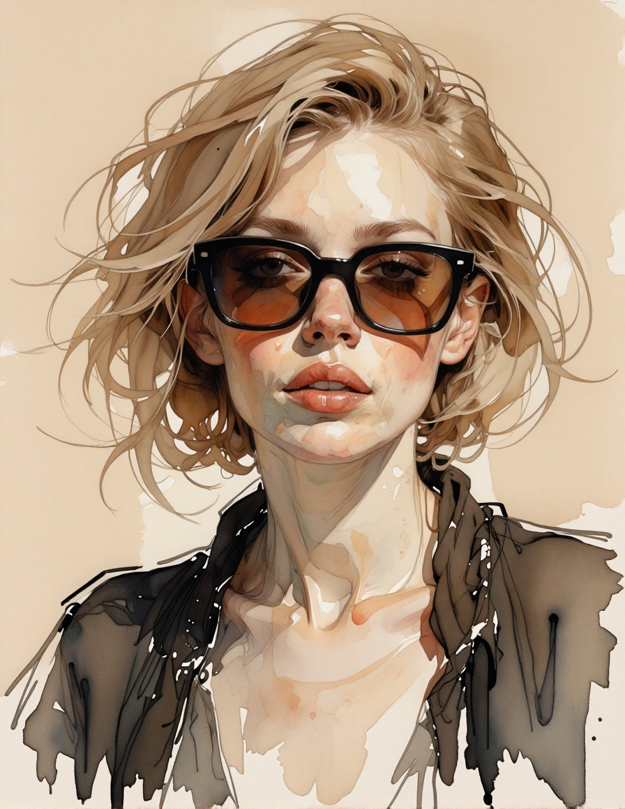 VarcoterolV7 art style — A detailed watercolor portrait of a young woman with tousled blonde hair framing her face,  weari...