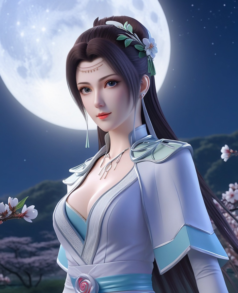 <lora:576-DA-XL-斗破苍穹-云韵-白服:0.8>(,1girl, ,best quality, ),looking at viewer,  ,ultra detailed background,ultra detailed background,ultra realistic 8k cg,, ,masterpiece, (( , )),, ,   ,   cure blossom, full moon,night,night sky,  (cleavage), (), ,,
