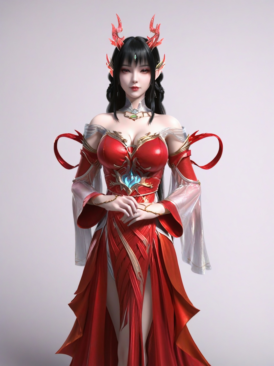 score_9,1girl,standing,solo,eyeshadow,dragon horns,bangs,bare shoulders,black hair,dress,hair ornament,red dress,earrings,detached sleeves,breasts,large breasts,lipstick,simple background,looking at viewer,cowboy shot, <lora:SF_YunLuo_Pony_Realism2.3-000004:0.7>,