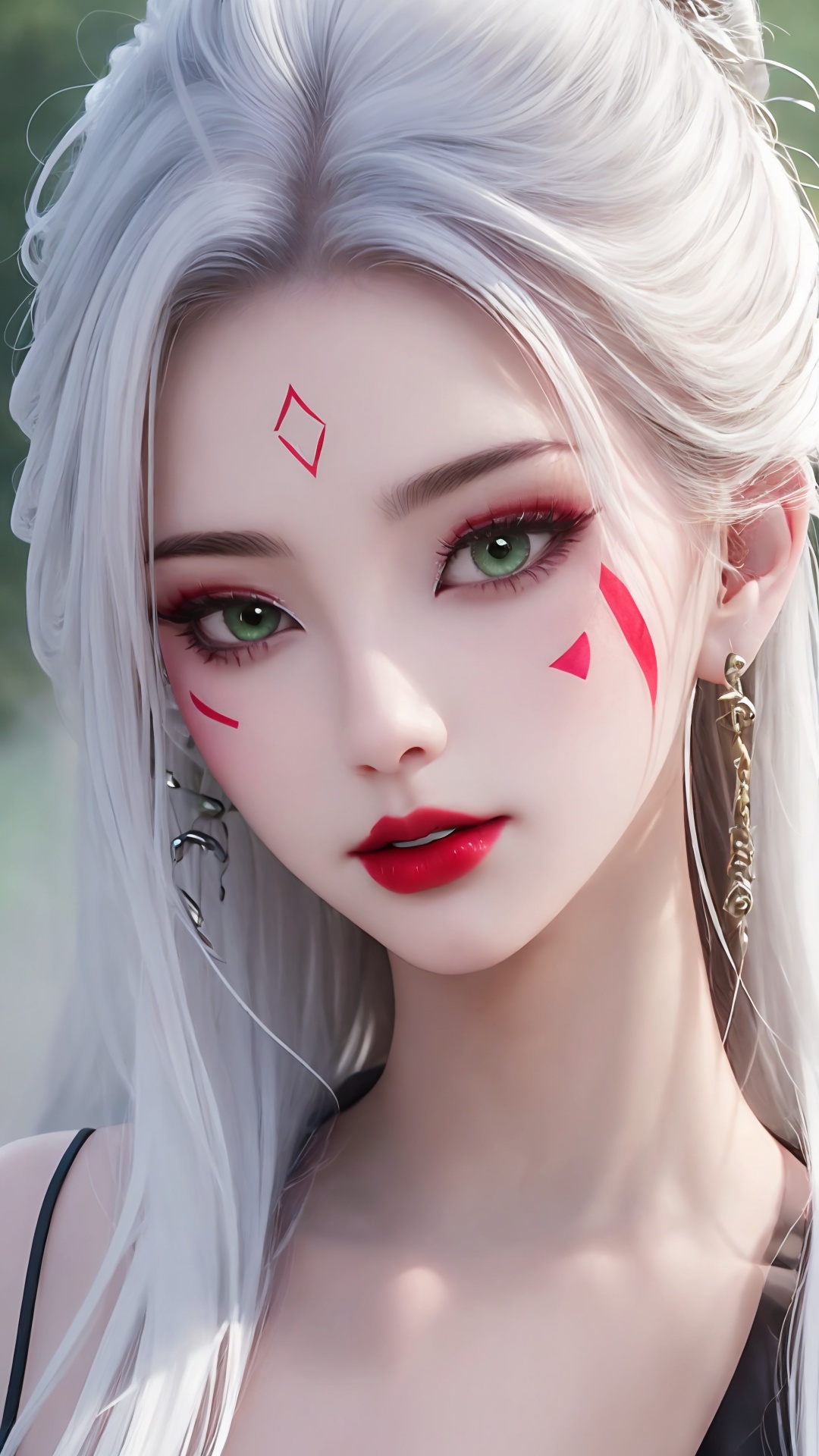 1girl,solo,green eyes,long hair,white hair,looking at viewer,facial mark,lips,blurry,portrait,forehead mark,red lips,bare shoulders,closed mouth,makeup,<lora:girl miaojiangxiaobai_20240912173536:0.7>,