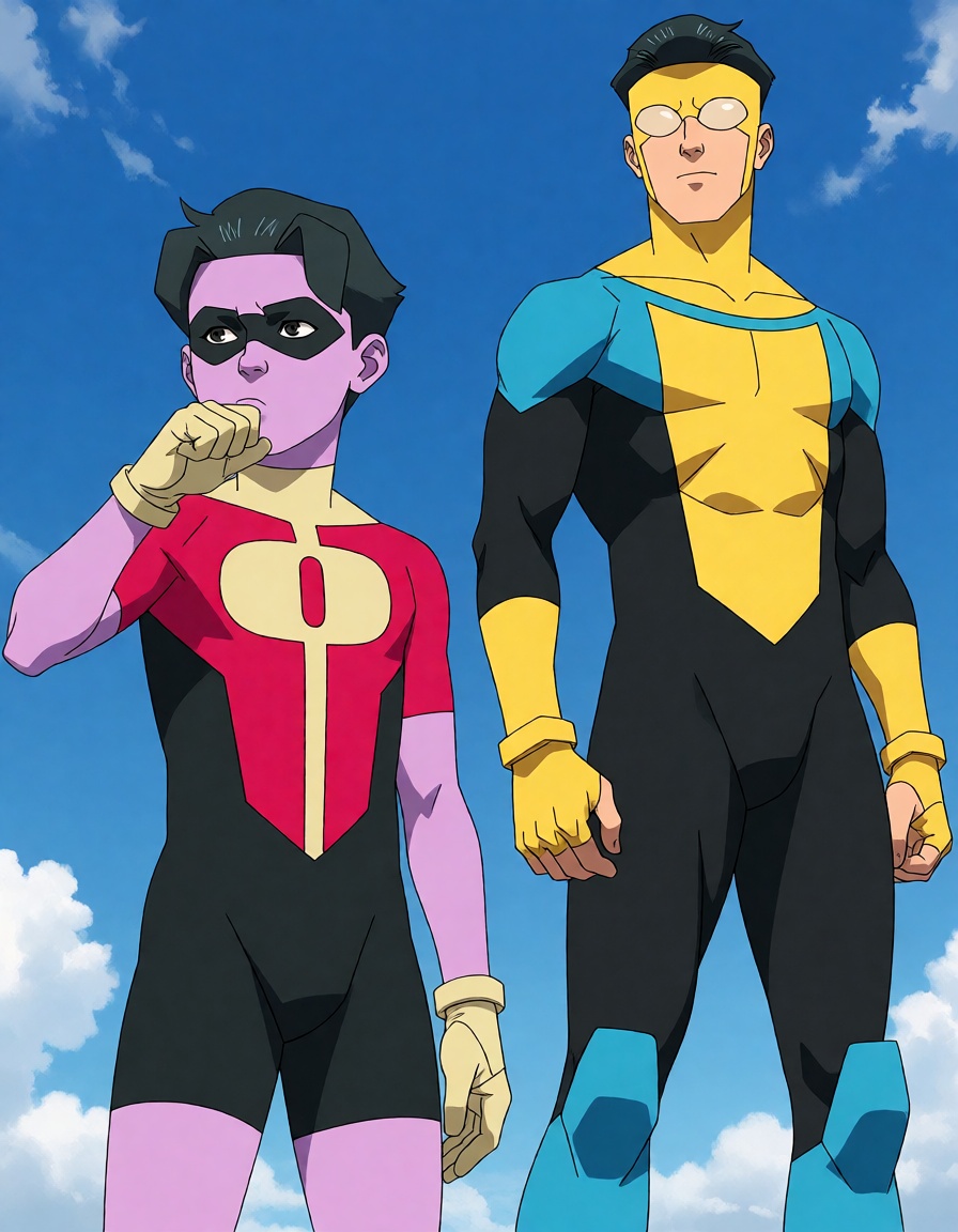 This digital anime-style drawing depicts 2 male superheroes. The one on the left is a young boy with purple skin and black...