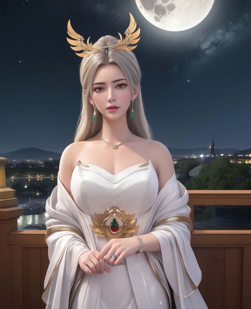 <lora:584-DA-星辰变-白灵:0.8>(,1girl, ,best quality, ),looking at viewer,masterpiece(,1girl,night, starry sky, milky way,outdoors, full moon,  night sky, darkness,  world of darkness, , ) ,ultra realistic 8k cg,   clean, masterpiece,     (( , )),, , , prestige, luxury, jewelry, diamond, gold, pearl, gem, sapphire, ruby, emerald, intricate detail, delicate pattern, charming, alluring, seductive, erotic, enchanting, hair ornament, necklace, earrings, bracelet, armlet,halo((, )), (),