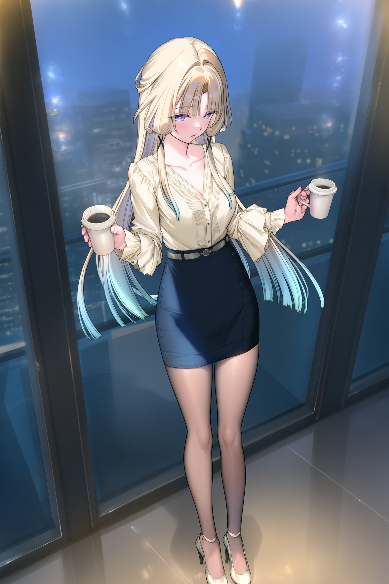 @kantoku and @mignon,  pearl (honkai: star rail),  A vertical anime illustration of Pearl wearing an elegant ivory blouse...