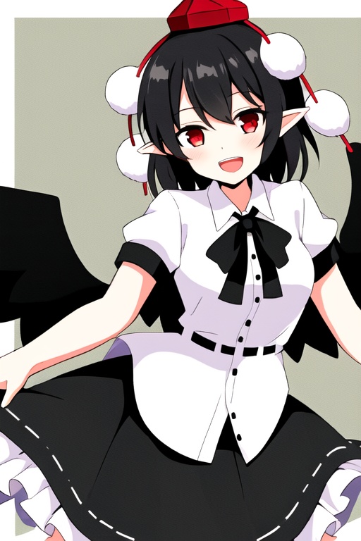shameimaru aya,1girl,hat,1girl,solo,tokin hat,hat,shirt,skirt,wings,red eyes,black hair,smile,open mouth,black skirt,white shirt,red headwear,pointy ears,frilled skirt,camera,4 pom pom \(clothes\),<lora:aya5:1>,