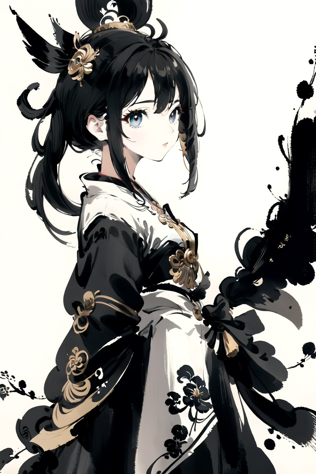 1girl,(anime style:1.1),(beautiful:1.2),(detailed:1.2),full body,moran,<lora:IllustrationInk-0010:0.8>,ink painting style,