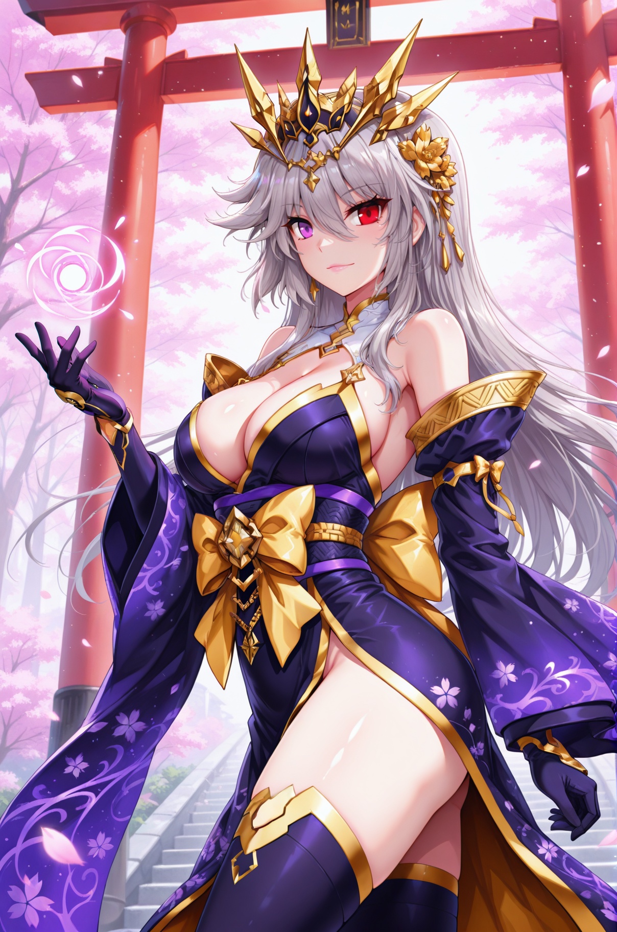 <lora:逢魔时王:1>,fmsw,solo,long hair,bangs,red eyes,purple eyes,grey hair,armor,heterochromia,breasts,large breasts,red eyes,thighhighs,gloves,cleavage,black gloves,armor,clothing cutout,heterochromia,asymmetrical legwear,circlet,golden crown,best quality,very aesthetic,pink lips,thin lips,domineering lady,*****,sexy,(from side:1.1),sakura-patterned furisode kimono,obi with golden crane embroidery,translucent uchikake overcoat,gradient indigo fabric folds,hairpin with dangling shide paper,maiko-inspired features: snow-white neck makeup,gradient pink lips,maple-leaf hair ornaments,dynamic composition: spinning parasol motion blur,floating ikebana petals,glowing kamon crest projection,fusion background: floating torii gate staircase,digitalized Kyoto nightscape,bioluminescent bamboo forest,holographic koi pond,pixel-art clouds,neon lantern arrays,technical specs: vertical 9:16 aspect ratio,ukiyo-e inspired linework,cel-shaded color blocks,8K silk texture mapping,sakura particle physics,ambient character glow,depth-blurred city lights,traditional washicolor gradients,chromatic aberration on neon elements,dynamic wind simulation on sleeves,metallic foil reflections,atmospheric perspective mist,anime-style rim lighting,wallpaper-optimized negative space,Pantone 2024 color scheme (mystic plum/digital gold).,cowboy_shot,