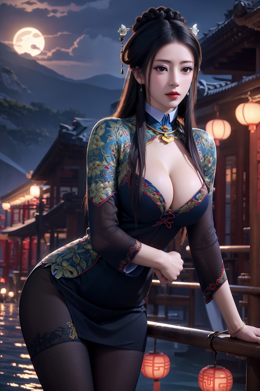 standing,dress,chinese clothes,flower,full_moon,moon,night,lily_pad,lotus,moonlight,nipples,water,night_sky,lily_\(flower\),sky,partially_submerged,1girl,solo,hair ornament,realistic,nail polish,photo_\(medium\),(big breasts, cleavage),makeup,(8k, RAW photo, best quality, masterpiece:1.2),(realistic, photorealistic:1.3),ultra-detailed,extremely detailed cg 8k wallpaper,(crystalstexture skin:1.2),extremely delicate and beautiful,(sexy pose:1.2),chinese dress,black pantyhose,