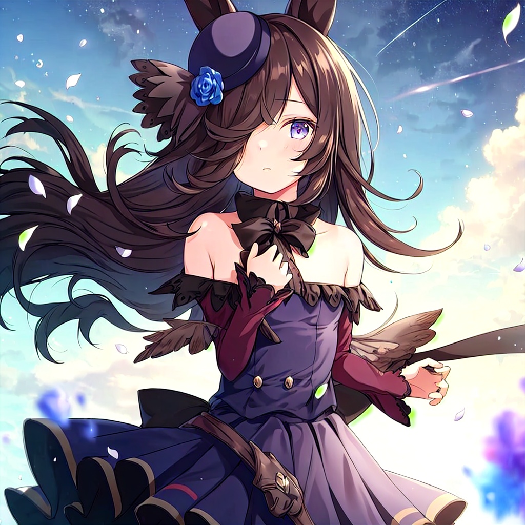 (((masterpiece))),(((best quality))),((ultra-detailed)),(illustration),(1 girl),(solo),((an extremely delicate and beautiful)),little girl,((beautiful detailed sky)),beautiful detailed eyes,side blunt bangs,hairs between eyes,ribbons,bowties,buttons,bare shoulders,(small breast),blank stare,pleated skirt,close to viewer,((breeze)),Flying splashes,Flying petals,wind,<lora:miyu:0.8>,animal_ears,stars in the eyes,messy floating hair,colored inner hair,Starry sky adorns hair,depth of field,