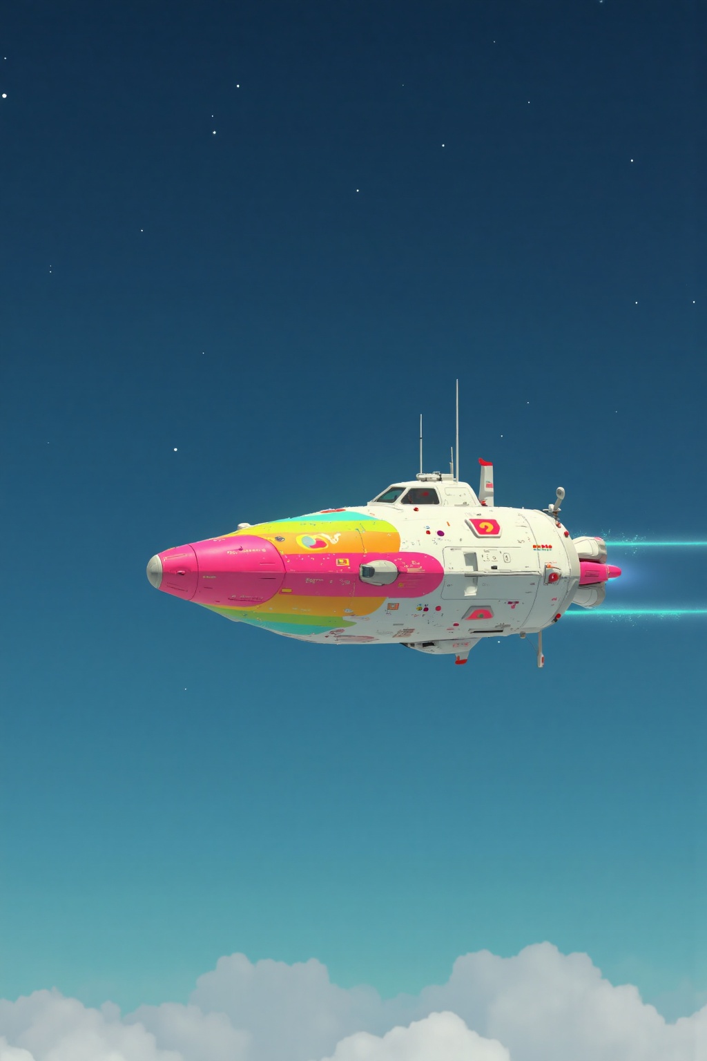beijihui,a white helicopter is soaring through the sky. The helicopter's body is adorned with a variety of vibrant colors,including pink,yellow,orange,and blue. The sky is a deep blue,with a few white stars dotting the sky,adding a pop of color to the scene.,