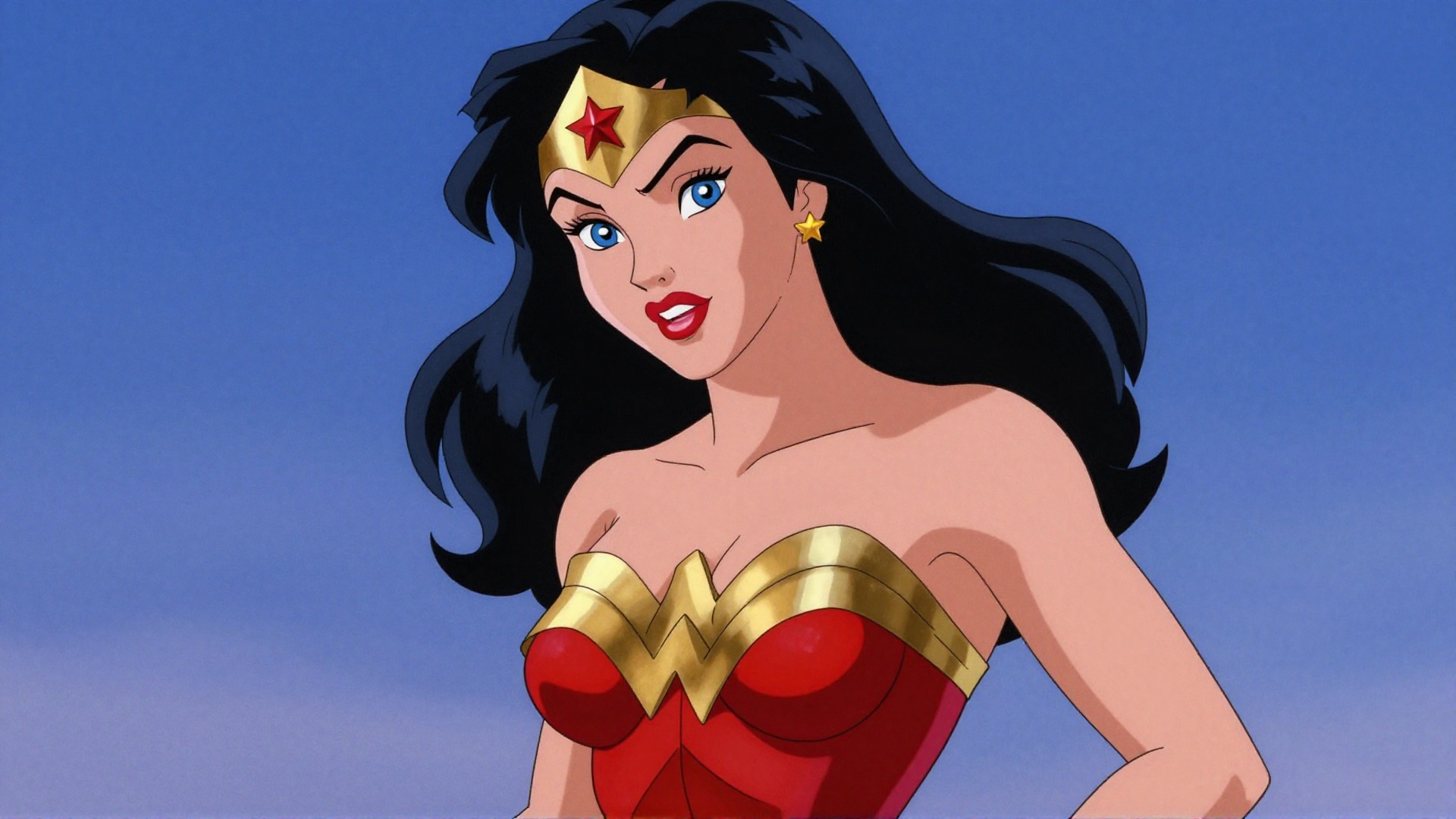 anime artwork of cinematic 1940's style Cartoon Disney style Wonder Woman a cartoon of a woman in a wonder costume,  perfe...
