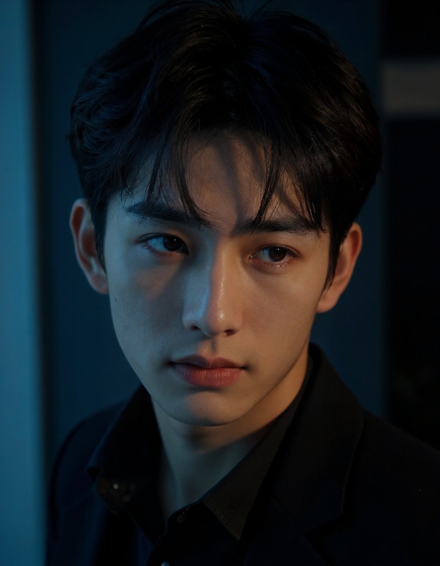a young man,(from above:1.1),from side,soft lighting,high resolution,professional grade,RAW photography,evocative composition,Cinematic Lighting,moody lighting,perfect eyes,depth of field,virtual background,eyes focus,<lora:majichandsome1:0.8>,