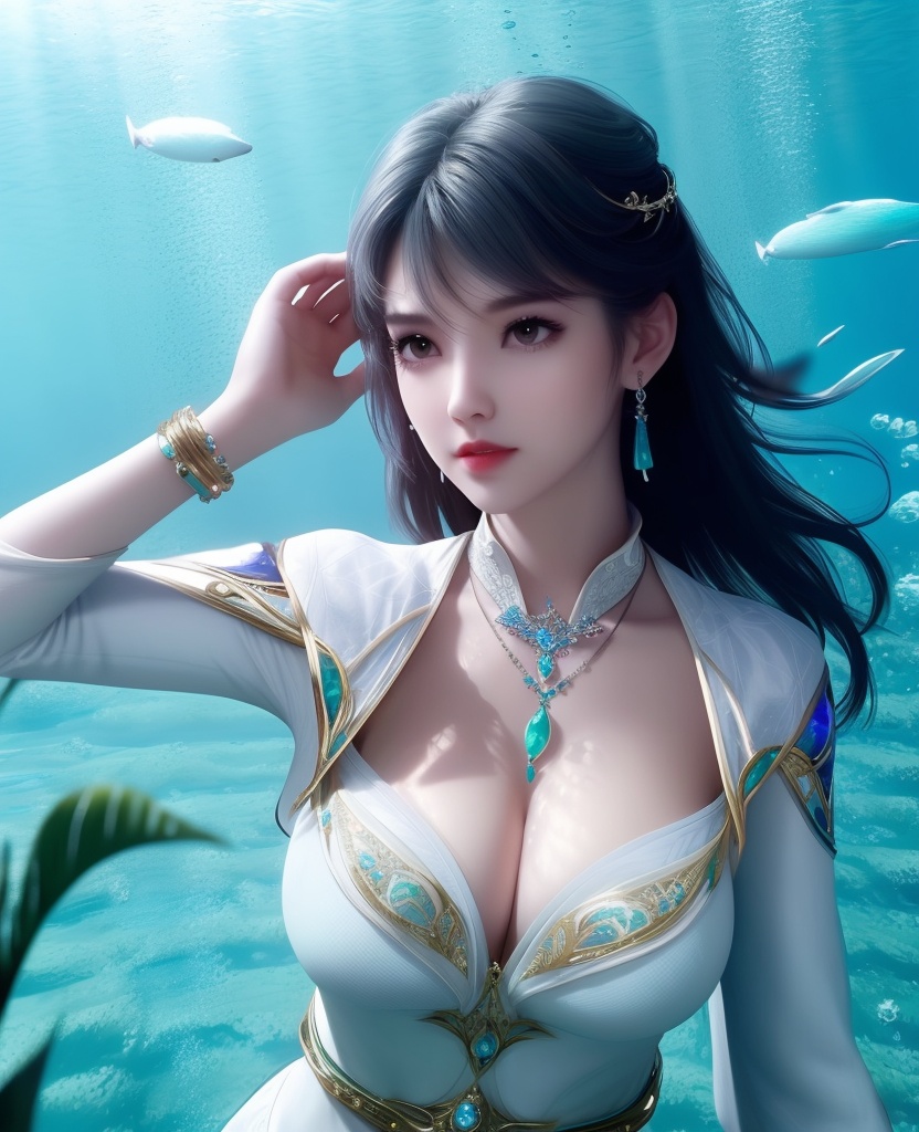 <lora:558-DA-斗罗大陆-王冬:0.8>(,1girl, ,best quality, ),looking at viewer,masterpiece, ((((, solo,  , ,solo focus, ,underwater, )))) ,ultra realistic 8k cg,   clean, masterpiece,     cinematic lighting, cinematic bloom,  (( , )),, , unreal, science fiction, luxury, jewelry, diamond, gold, pearl, gem, sapphire, ruby, emerald, intricate detail, delicate pattern, charming, alluring, seductive, erotic, enchanting, hair ornament, necklace, earrings, bracelet, armlet,,(cleavage),