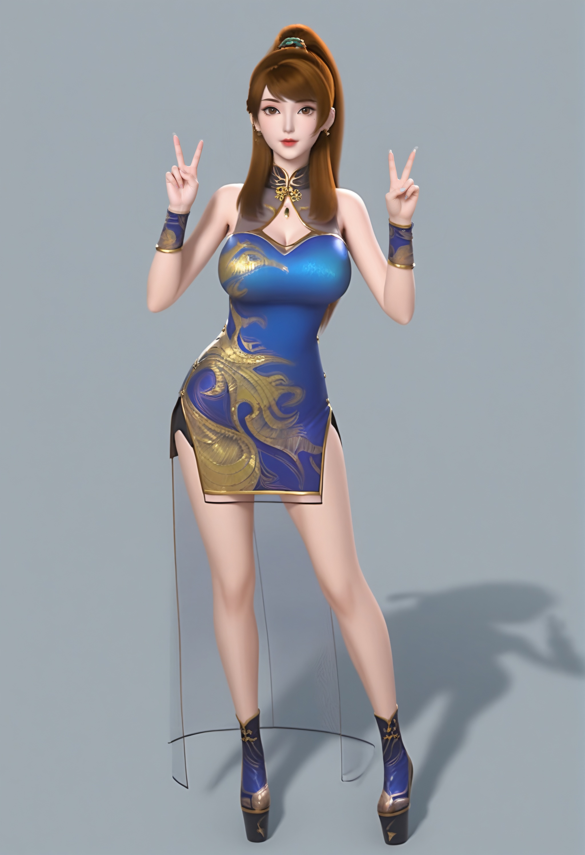 (score_9),double v,full body,<lora:肖凝儿-Apony-000008:0.85>,xiaoninger,solo,1girl,brown hair,long hair,ponytail,brown eyes,hair rings,jewelry,ear piercing,mole under eye,lipstick,cocked eyebrow,china dress,high collar,bracer,side slit,platform heels,see-through silhouette,see-through cleavage,high heels,<lora:perfect-eyes:0.8>,light blush,body blush,looking at viewer,front view,skinny,mature,glamor,collarbone,puffy breasts,pointy_breasts,large breasts,simple background,<lora:e色温:0.5>,<lora:e肤色滑块:0.5>,