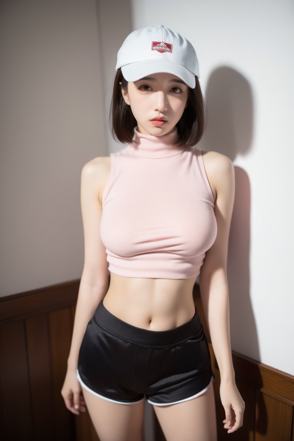 1girl,solo,shorts,navel,white shorts,photo background,pink shirt,midriff,looking at viewer,sleeveless,shirt,short hair,brown eyes,short shorts,brown hair,cowboy shot,realistic,lips,black hair,standing,hat,breasts,indoors,turtleneck,hat removed,wall,crop top,<lora:lora-000002.by_tusi:0.8>,