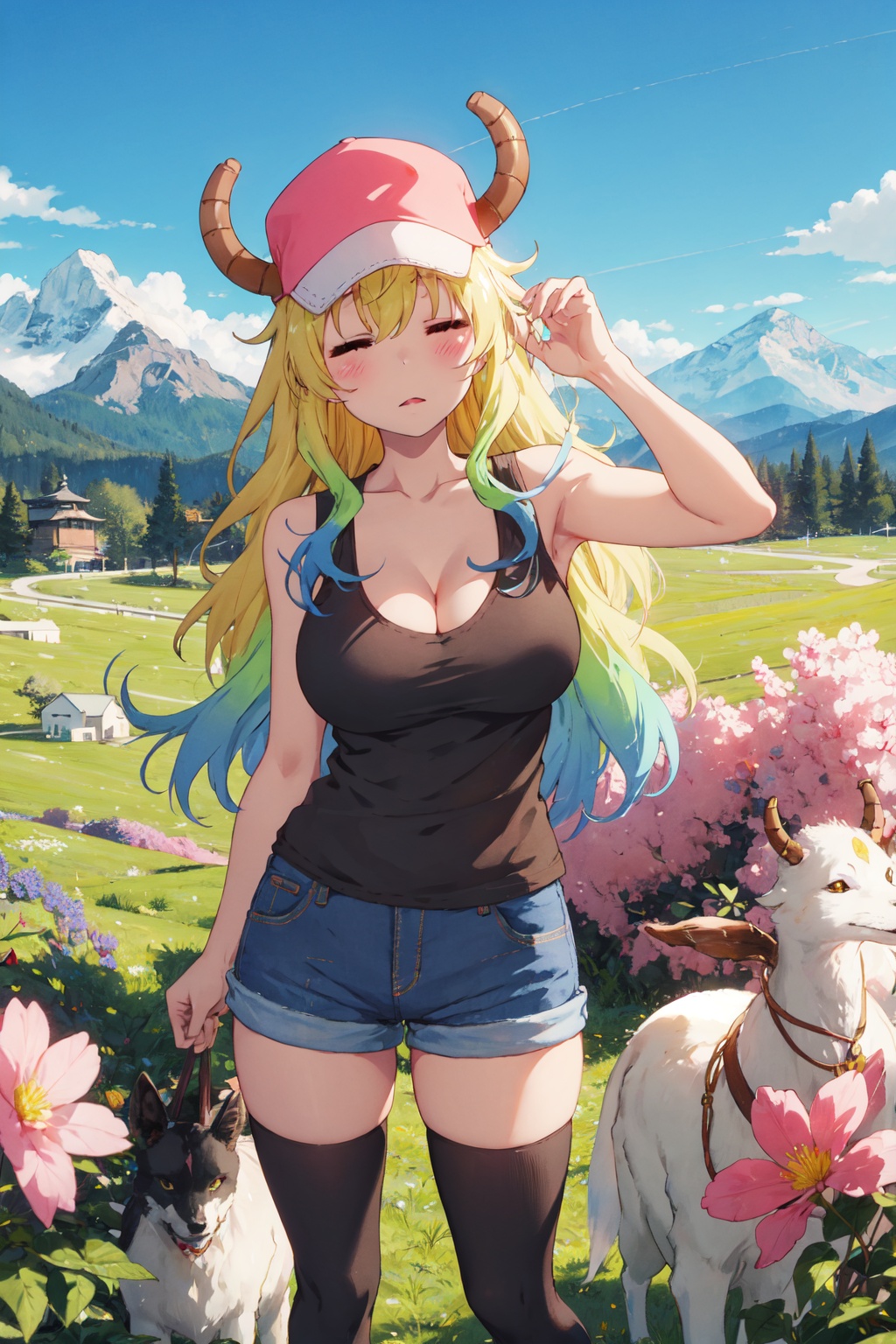 <lora:Quetzalcoatl-000019:0.8>,Lcoa CYQL,1girl,looking at viewer,solo,dragon girl,long hair,blonde hair,green hair,multicolored hair,gradient hair,horns through headwear,dragon horns,hat,pink headwear,closed eyes,**** top,black **** top,breasts,large breasts,cleavage,shorts,denim shorts,thighhighs,black thighhighs,denim,blue shorts,laughing,bust,High above, a vast meadow stretches to the horizon, dotted with wildflowers. Cattle and sheep graze leisurely while snow-capped mountains encircle the scene in the distance,(Wildflowers, Coastal cliffs, Pacific Ocean views, Coastal breeze, Wildflower bloom, California landscape:0.5),beautiful detailed sky,beautiful detailed glow,posing in front of a colorful and dynamic background,masterpiece,best quality,beautiful and aesthetic,contrapposto,female focus,wallpaper,