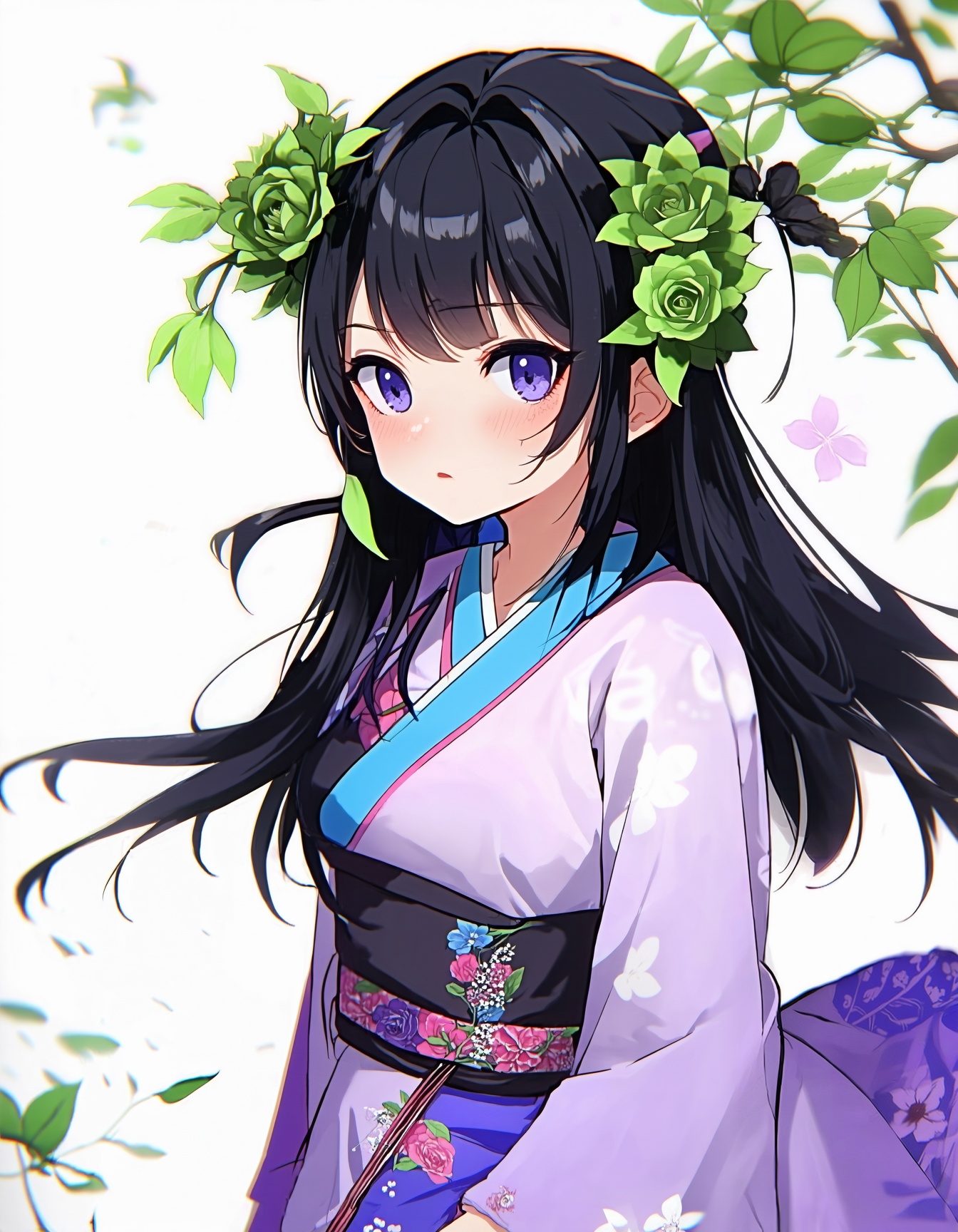anime style,  an anime girl wearing chinese an oriental dress with black hair and green flowers on her head on Tensor.Art