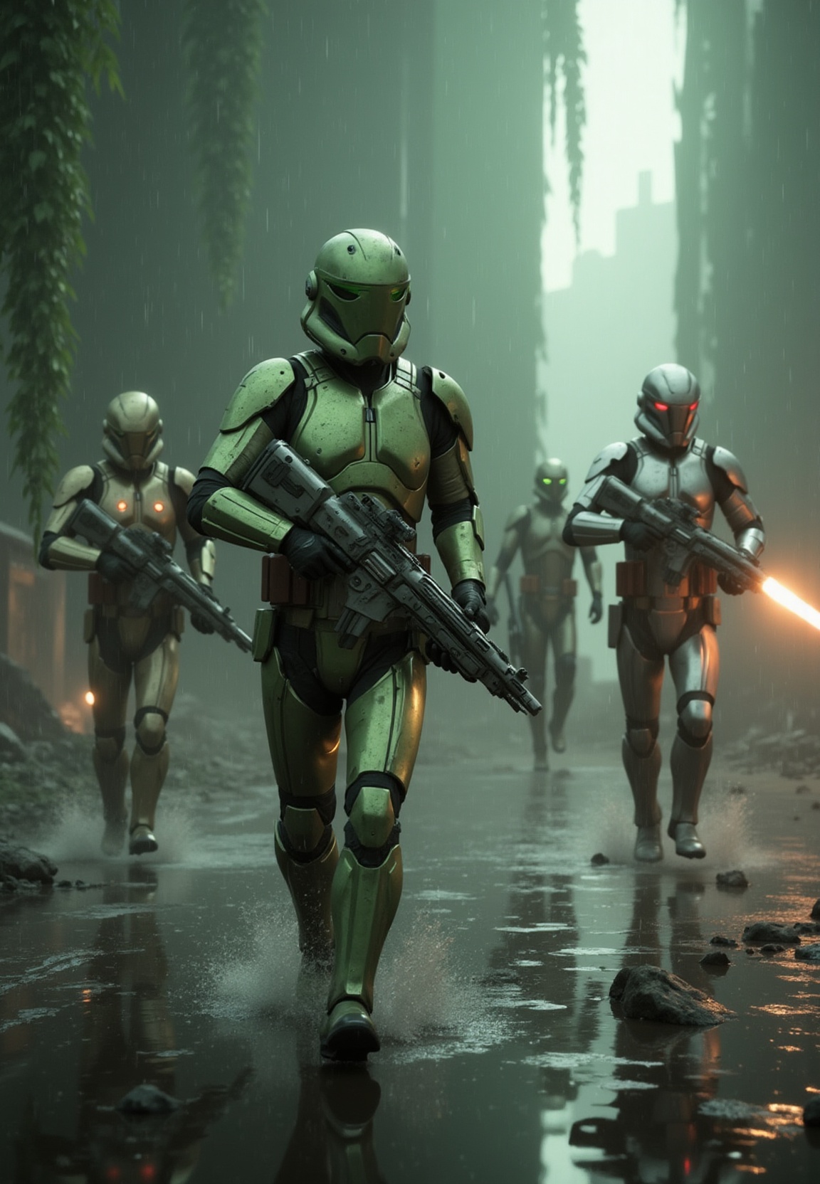 StormTrooperFlux,  The image depicts a group of stormtroopers in green hazel dust mood paint uniforms engaged in combat. T...