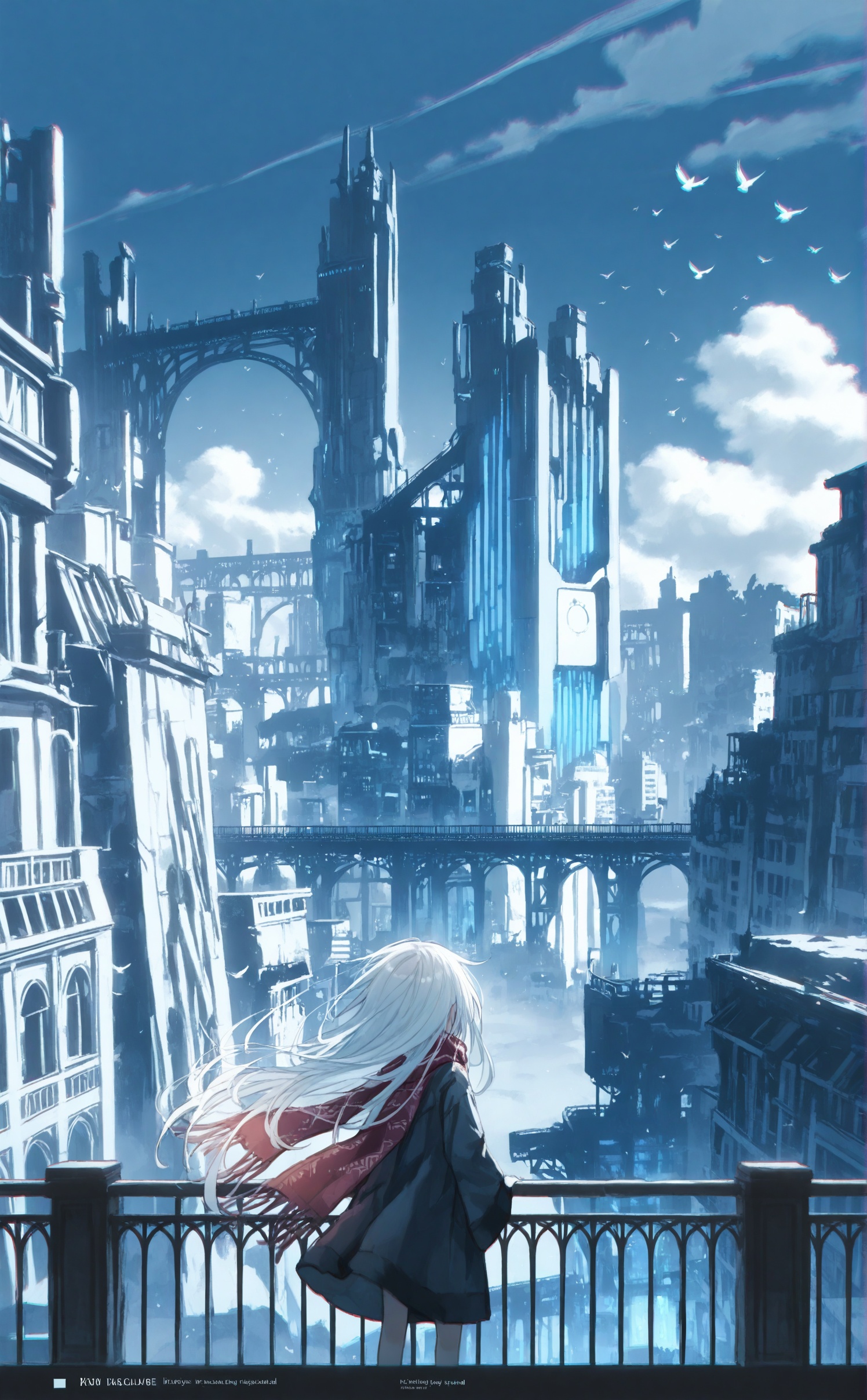 masterpiece,absurdres,best quality,loli,petite,high quality,chromatic_aberration,//,scenery, very wide shot, outdoors, standing, cloud, bird, fog, long hair, solo, 1girl, scarf, english text, sky, red scarf, building, silhouette, from behind, science fiction, cloudy sky, bridge, day, wide shot, white hair, ambiguous gender, 1other, flock, floating hair, very long hair, wind, neon trim, railing, ruins, blue sky, blue theme, facing away, cityscape<lora:Nano_渡コキュー:0.8>,
