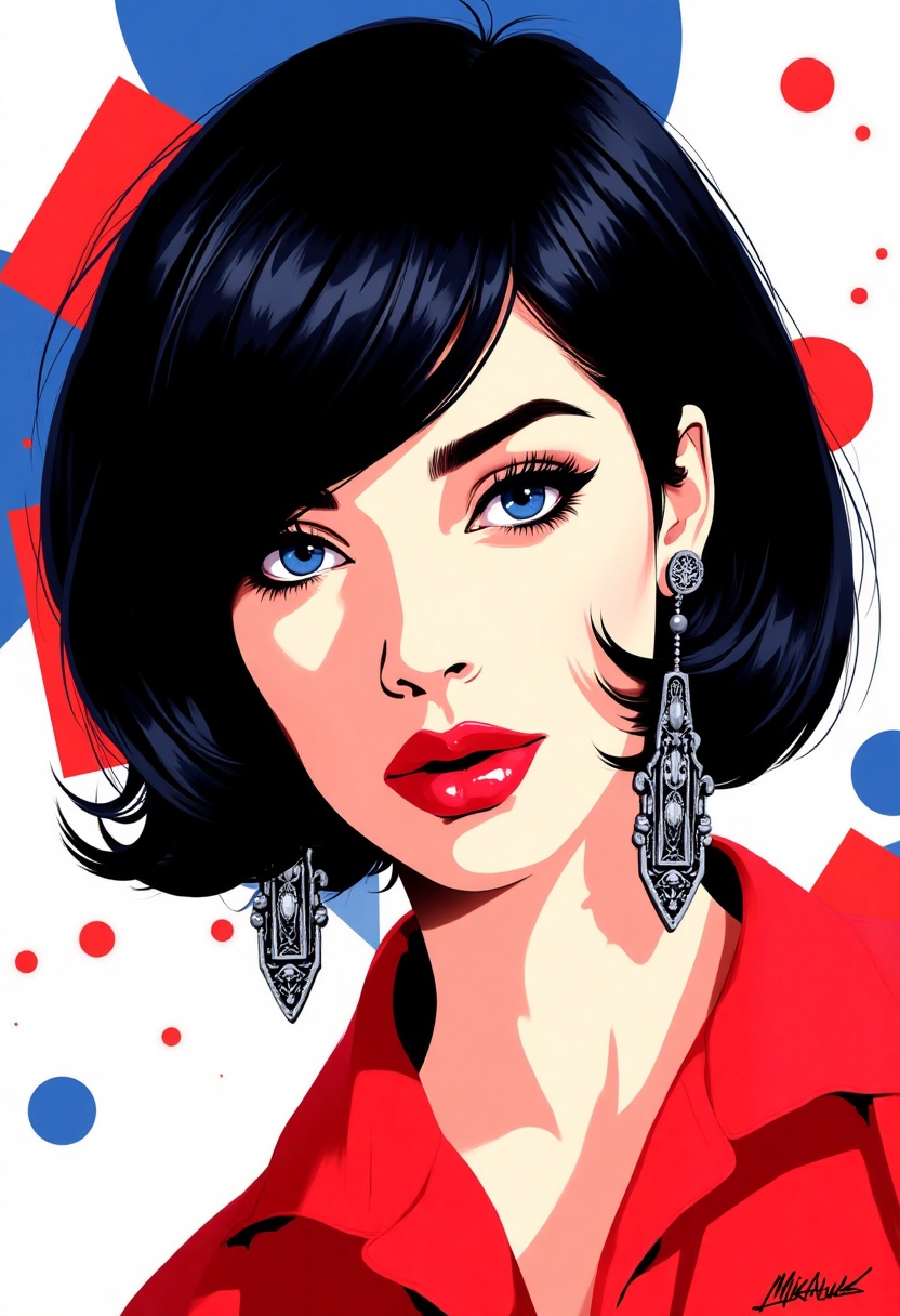 Impressionism,  This is a digital drawing in a highly stylized,  modern art style. The subject is a woman with striking bl...
