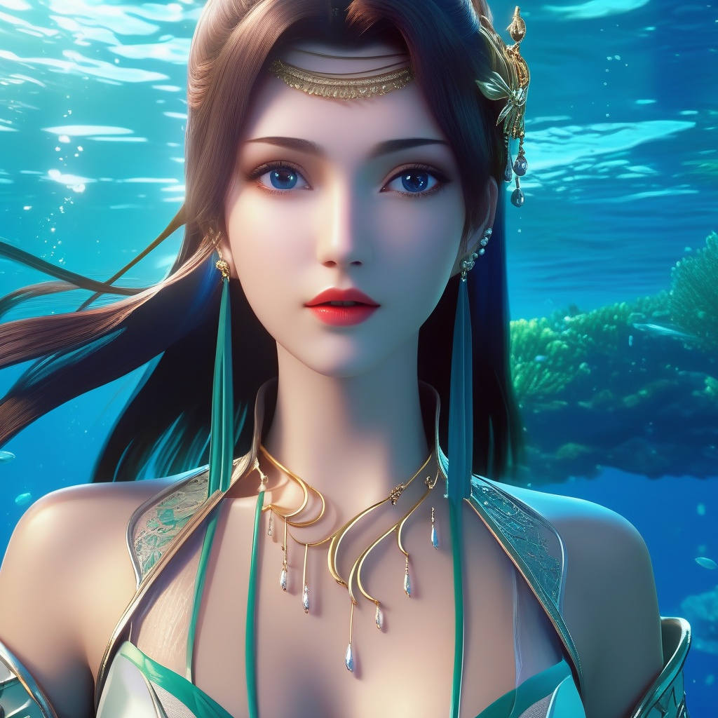<lora:786-DA-XL-斗破苍穹-云韵-绿服:0.8>, (,1girl, ,best quality, ),looking at viewer,masterpiece, ((((, solo,  , ,solo focus, ,underwater, )))) ,ultra realistic 8k cg,   clean, masterpiece,     cinematic lighting, cinematic bloom,  (( , )),, , unreal, science fiction, luxury, jewelry, diamond, gold, pearl, gem, sapphire, ruby, emerald, intricate detail, delicate pattern, charming, alluring, seductive, erotic, enchanting, hair ornament, necklace, earrings, bracelet, armlet,,(cleavage),,