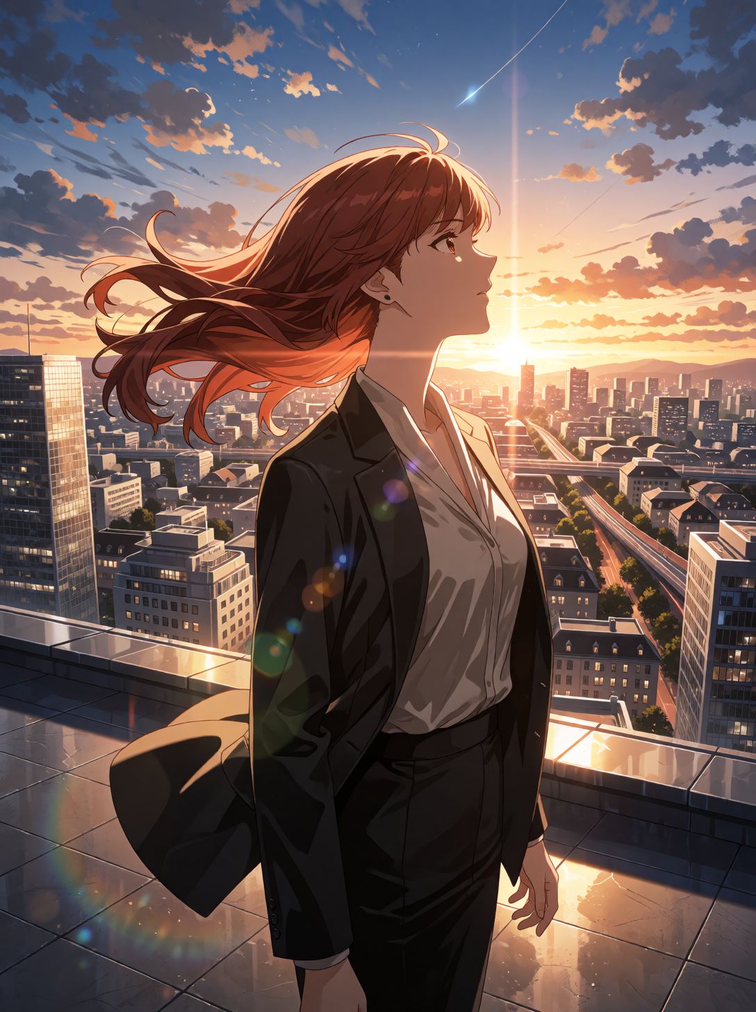 The composition utilizes the golden ratio to position the figure against the vast urban sunset,  creating a powerful silho...