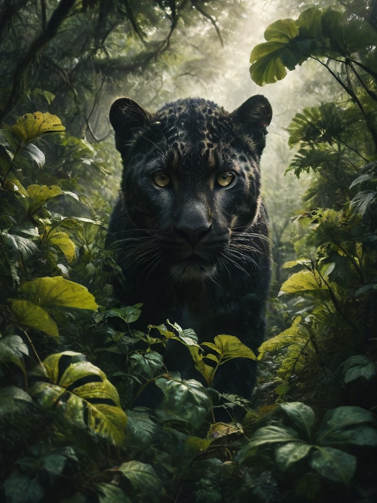 nature shot with wide shot of a dark jungle scene,  face of a black-leopard hiding between the bushes,  hunting by Shopon_...