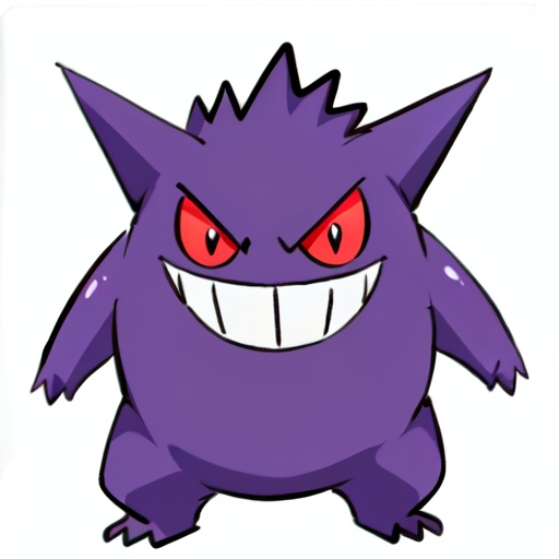 gengar,anime,front view,pointed ears,red eyes,spiky hair,fat body,three fingers,three toes,purple body,no humans,red sclera,tail,pokemon (creature),(((white background))),solo,smile,(simple background),(grin),full body,standing,teeth,looking at viewer,colored sclera,<lora:pokemon_gengar:0.7>,