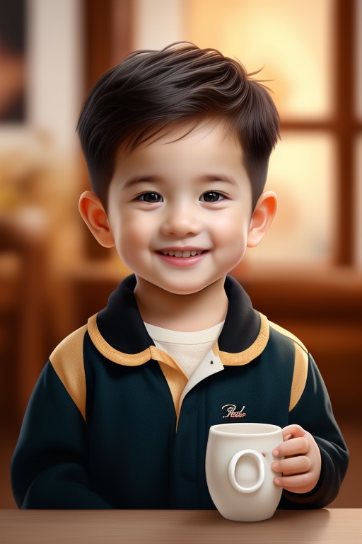 (masterpiece, top quality, best quality, official art, beautiful and aesthetic:1.2),feixing, 1boy, male focus, solo, black hair, male child, cup, smile, teeth, child, realistic, looking at viewer, mug, signature