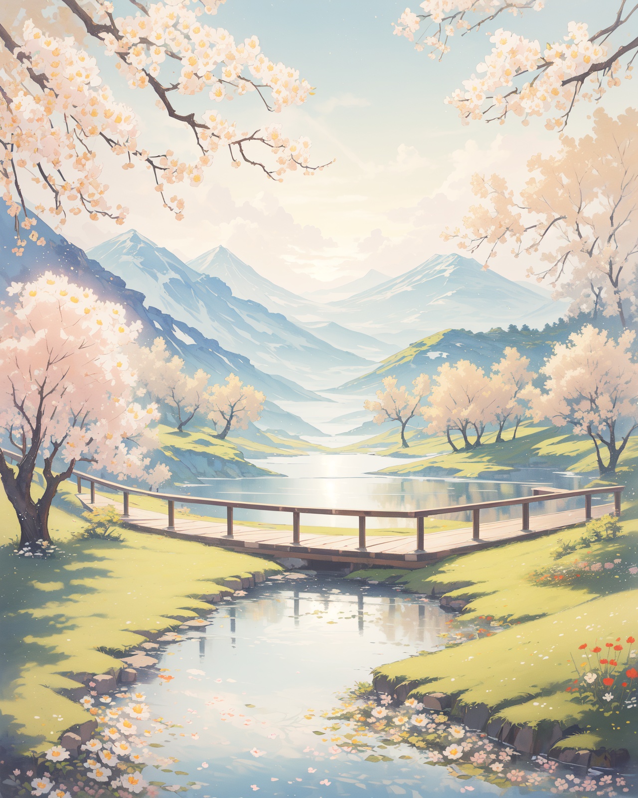 scenery,(Lake, Cabin, Golden hour, Reflections, Tranquility, Coziness,Cherry blossoms, Avenue of trees, Blossom petals, Springtime stroll, Hanami season, Japanese tradition:1.3),outdoors,cloud,light particles,beautiful detailed sky,beautiful detailed glow,best shadow,from_back,depth of field,panorama,(masterpiece, best quality, beautiful and aesthetic:1.3),(beautiful and clear background:1.2),extremely detailed CG,ultra-detailed,beautiful concept illustration,illustration,extremely fine and beautiful,perfect details,<lora:YOUHUA-000015:1>,oil painting \(medium\),