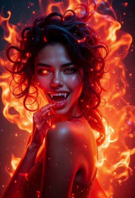an inferno seraph with ethereal hair flowing like liquid fire,  engulfed in vibrant and multicolored flames,  glowing eyes...