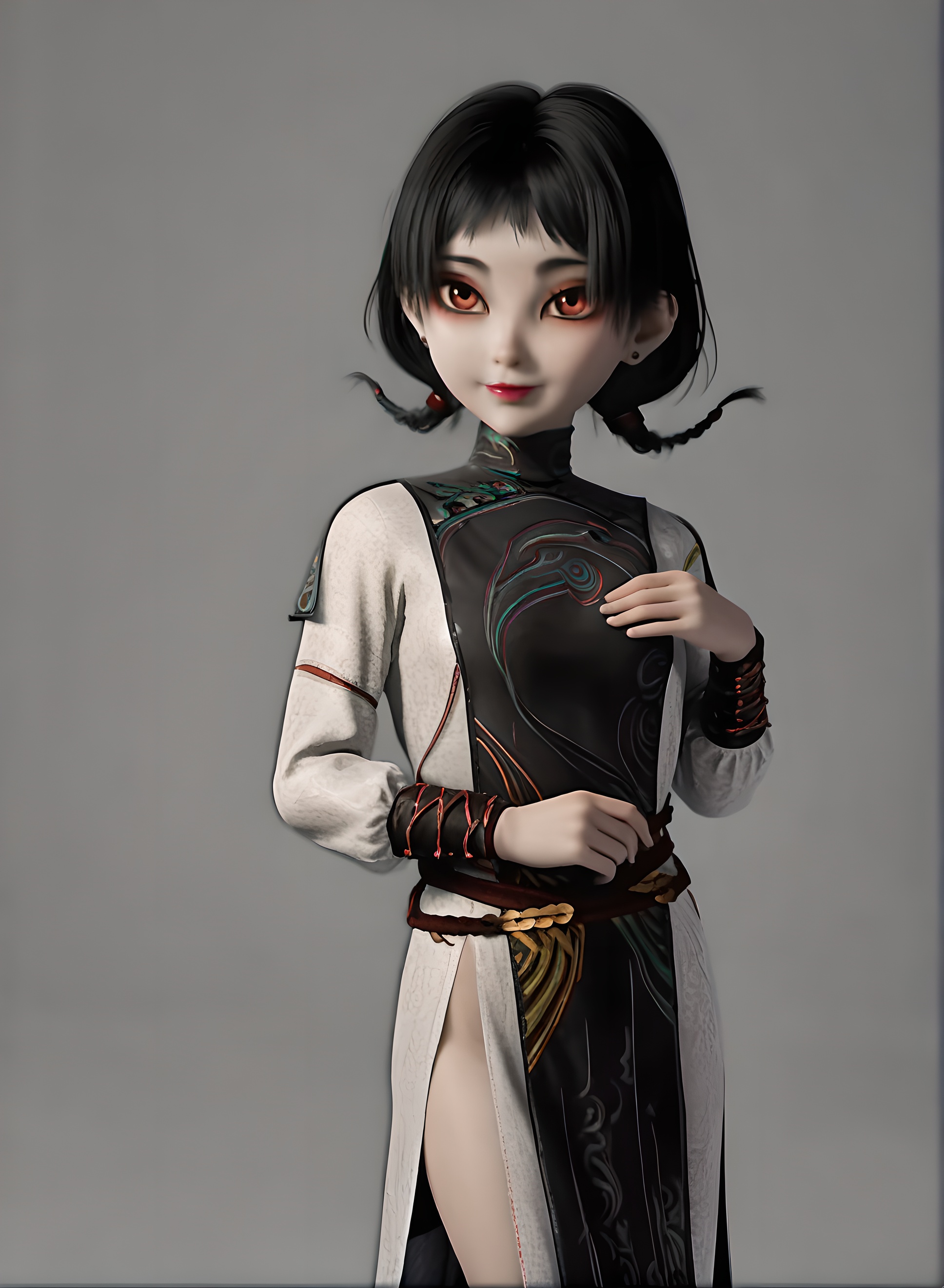 fair_skin,white_skin,Ivory_skin,score_9,<lora:SF_AJie_Pony_Realism-000003:0.72>,dress,chinese clothes,black hair,bangs,braid,1girl,breasts,standing,short hair,makeup,earrings,long sleeves,solo,looking at viewer,simple background,