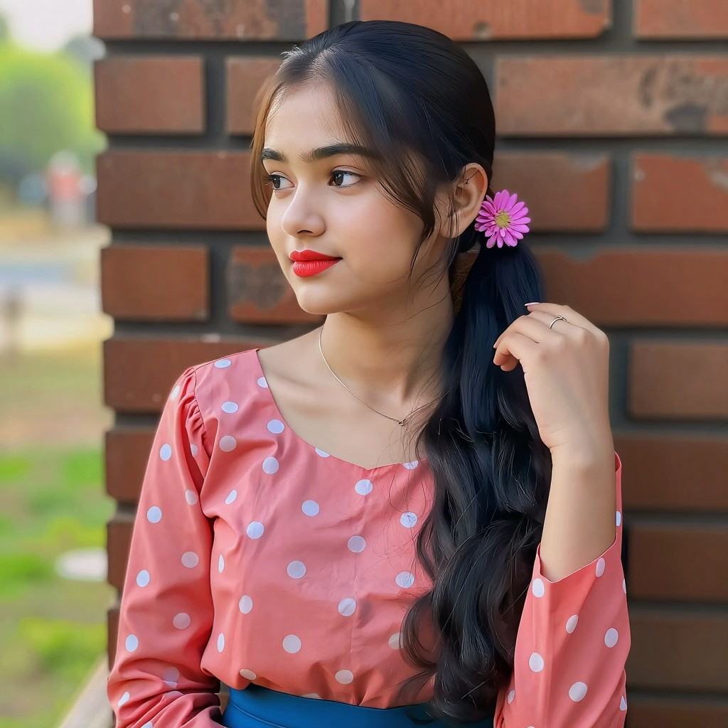 a medium-angle shot of a young Indian_woman stands in front of a brick wall. She is dressed in a salmon colored blouse wit...