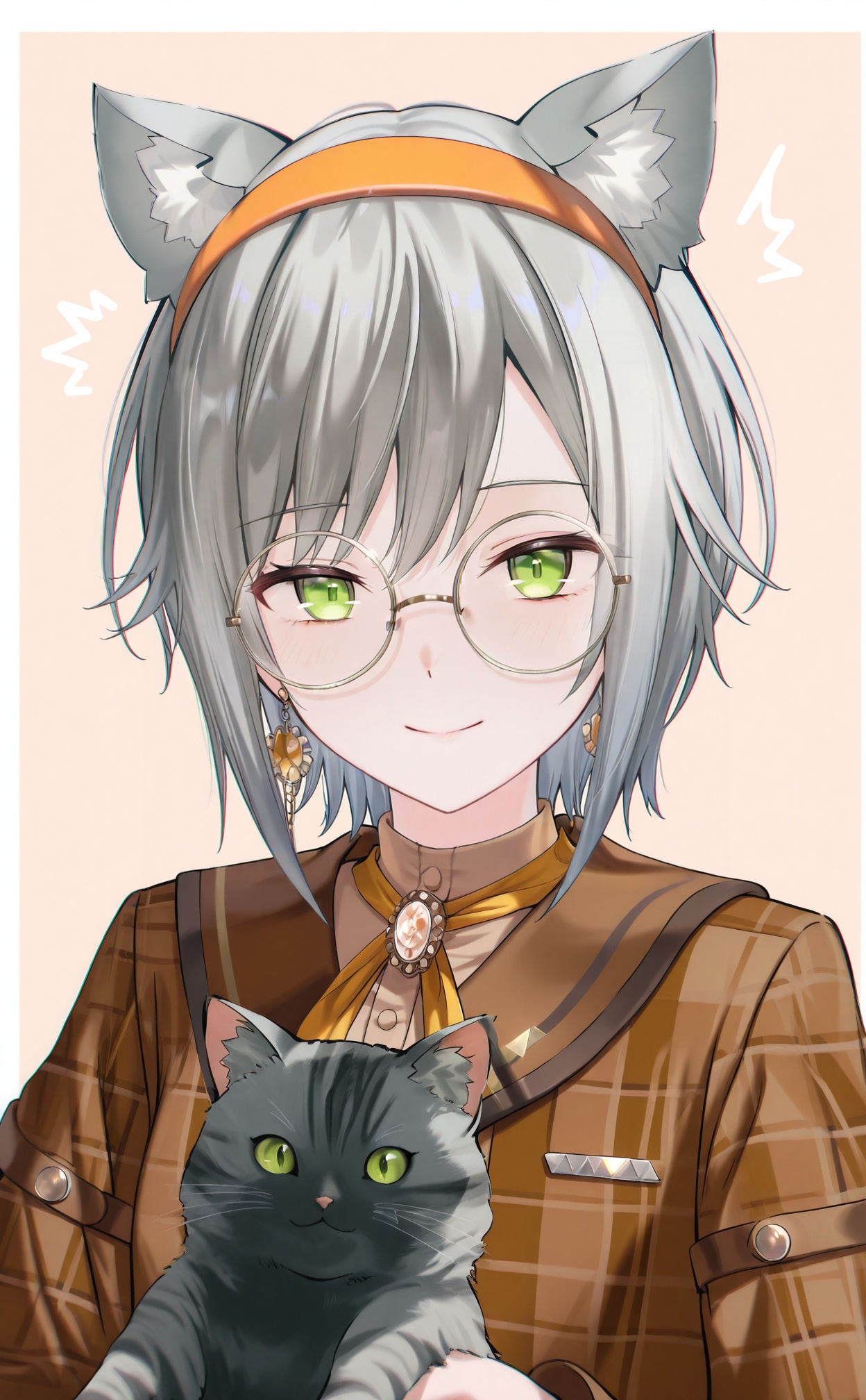 masterpiece,absurdres,best quality,high quality,chromatic_aberration,//,1girl, animal_ears, cat, animal, grey_hair, black_cat, long_sleeves, solo, round_eyewear, glasses, brown_shirt, green_eyes, upper_body, holding, jewelry, holding_animal, animal_ear_fluff, holding_cat, shirt, closed_mouth, hairband, jacket, smile, brown_jacket, looking_at_viewer, short_hair, cat_ears, simple_background, ^^^, brooch, orange_hairband, brown_background, collared_shirt, official_alternate_costume, orange_ribbon, white_border, earrings, neck_ribbon, border//,//,<lora:timmoo——【CKXL】hans:1>,