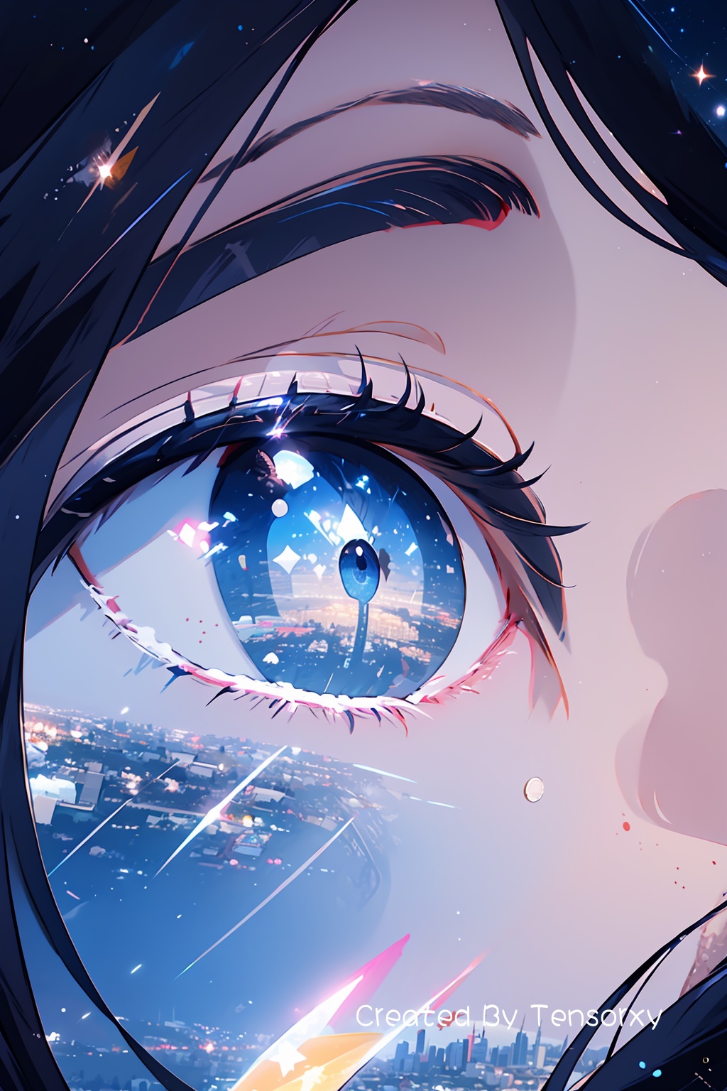1girl, solo, bangs, blue_eyes, black_hair, sky, cloud, tears, eyelashes, night, crying, star_(sky), night_sky, scenery, close-up, starry_sky, reflection, crying_with_eyes_open, city, city_lights, eye_focus