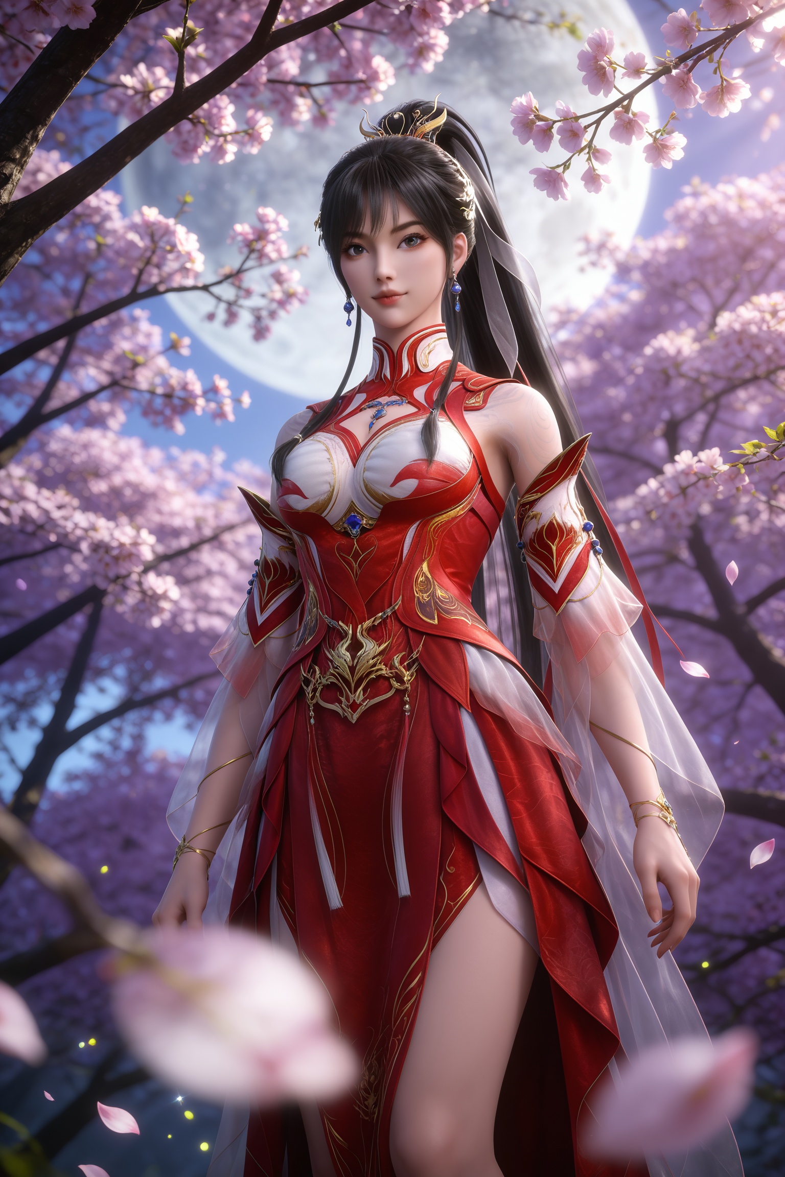 <lora:武动乾坤-应欢欢pony:0.7>,1girl,long hair,black hair,hair ornament,earrings,ponytail,red dress,chinese clothes,detached sleeves,cleavage cutout,bare legs,red footwear,dappled sunlight,, masterpiece,best quality,solo,1girl,upper body,petals,looking at viewer,moon,branch,cherry blossoms,flower,extreme aesthetic,(quasarcake:0.7),masterpiece,best quality,good quality,newest,very aesthetic,absurdres,A shot with tension,(Visual impact,giving the poster a dynamic and visually striking appearance:1.2),impactful picture,offcial art,colorful,splash of color,movie perspective,