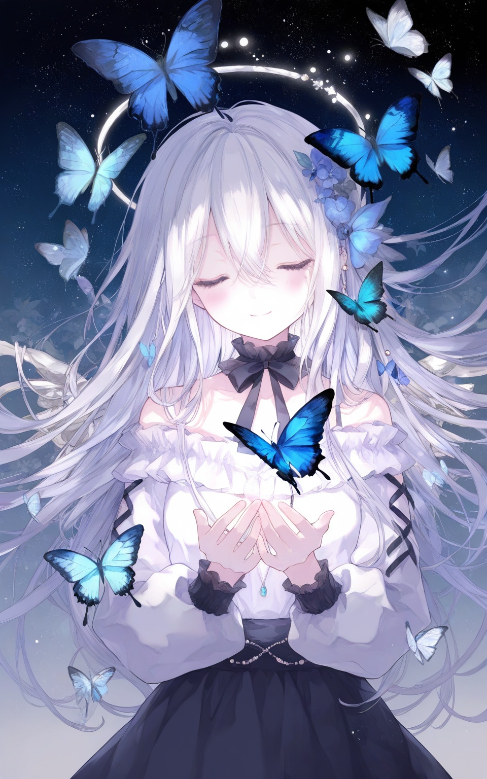 watercolor,transparent,dynamic_outline,Nai3 style,1girl,a woman with long white hair,smiling with her eyes closed,wearing a white shirt with a black bow tie on her chest,an elegant blue butterfly perched beside her head,its delicate silver wings spread out,and the starry sky could be seen from the window behind her,the style of japanese anime,
