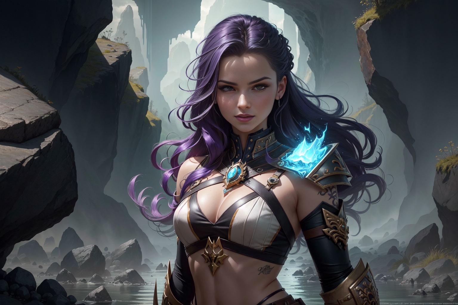 best quality, ultra high res, photorealistic, sfw, armored wizard, magical tattoos, apprentice, 1girl, looking at viewer, upper body, slender, small breasts, purple hair with white stripes, white croptop, (dark and moody universe:1.3), (elden ring style:1.3), (warhammer style:1.1), floating rocks, glowing pebbles, fiery dust, concept artist, global illumination, depth of field, gloomy, unsettling, splash art, art by artgerm and greg rutkowski and viktoria gavrilenko, scary smile, purple light, rule of the thirds