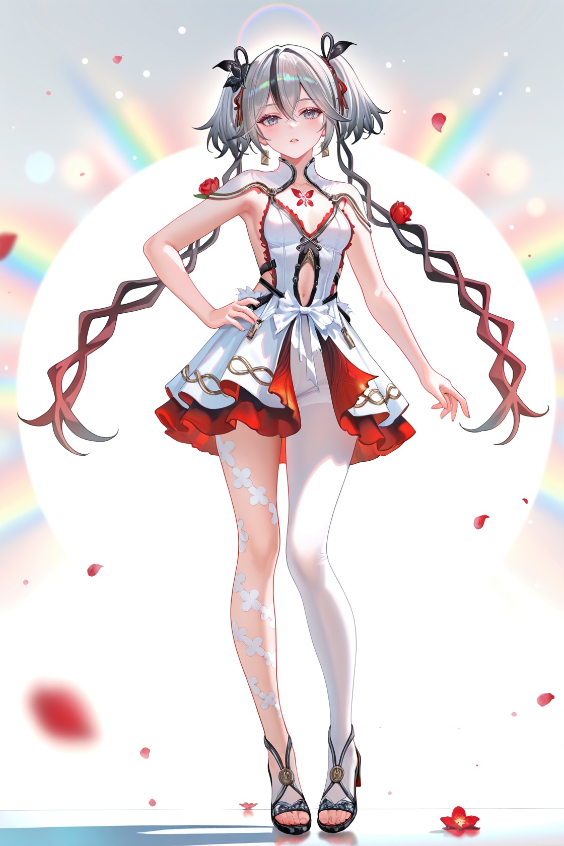 8k,best quality,masterpiece,(ultra-detailed),(high detailed skin),((artist:reoen),(artist:fuzichoco),(artist:atdan),(artist:torino_aqua),year 2024:0.8)1girl,[artist:wlop],[artist:ningen_mame],artist:ciloranko,[[artist:rhasta]],artist:tidsean,colorful,detailed light,light leaks,sunlight,bokeh,blurry foreground,ray tracing,lens flare,cinematic lighting,full body,full shot,standing,looking at viewer,(solo:1.2),simple background,(white background:1.2),hand on own hip,(white background:1.1),<lora:chun-noob-Tanger-000013:0.8>,chun,white chun-def dress,1girl,red floral tattoo on chest,breasts,twintails,multicolored hair,grey hair,grey eyes,dress,white single pantyhose,A full-body portrait of a young girl,standing gracefully,pastel art style,high-key lighting,shoujo manga influence,hd quality,delicate details,