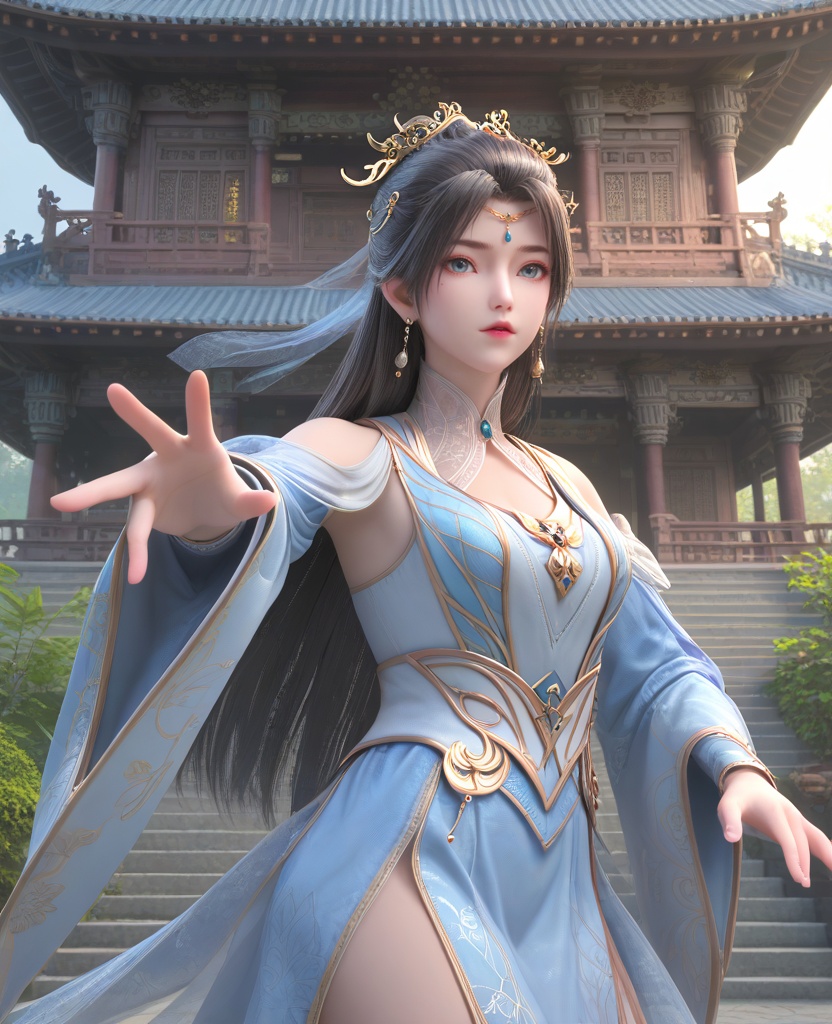 (oriental architecture, elegant decor, sophisticated style:1.1),(Standing with arms stretched upwards, reaching for the sky,:1.1),(breasts:1.2),<lora:XL16神墓雨馨:0.95>,miss yuxin,white blue tiered dress,blue eyes,black hair,traditional chinese updo with long cascading hair,hair ornament,jewelry,earrings,sash,, score_9,score_8_up,score_7_up,score_6_up,score_5_up,score_4_up,3d rendering,tag1,tag2, Cinematic Lighting,backlighting,