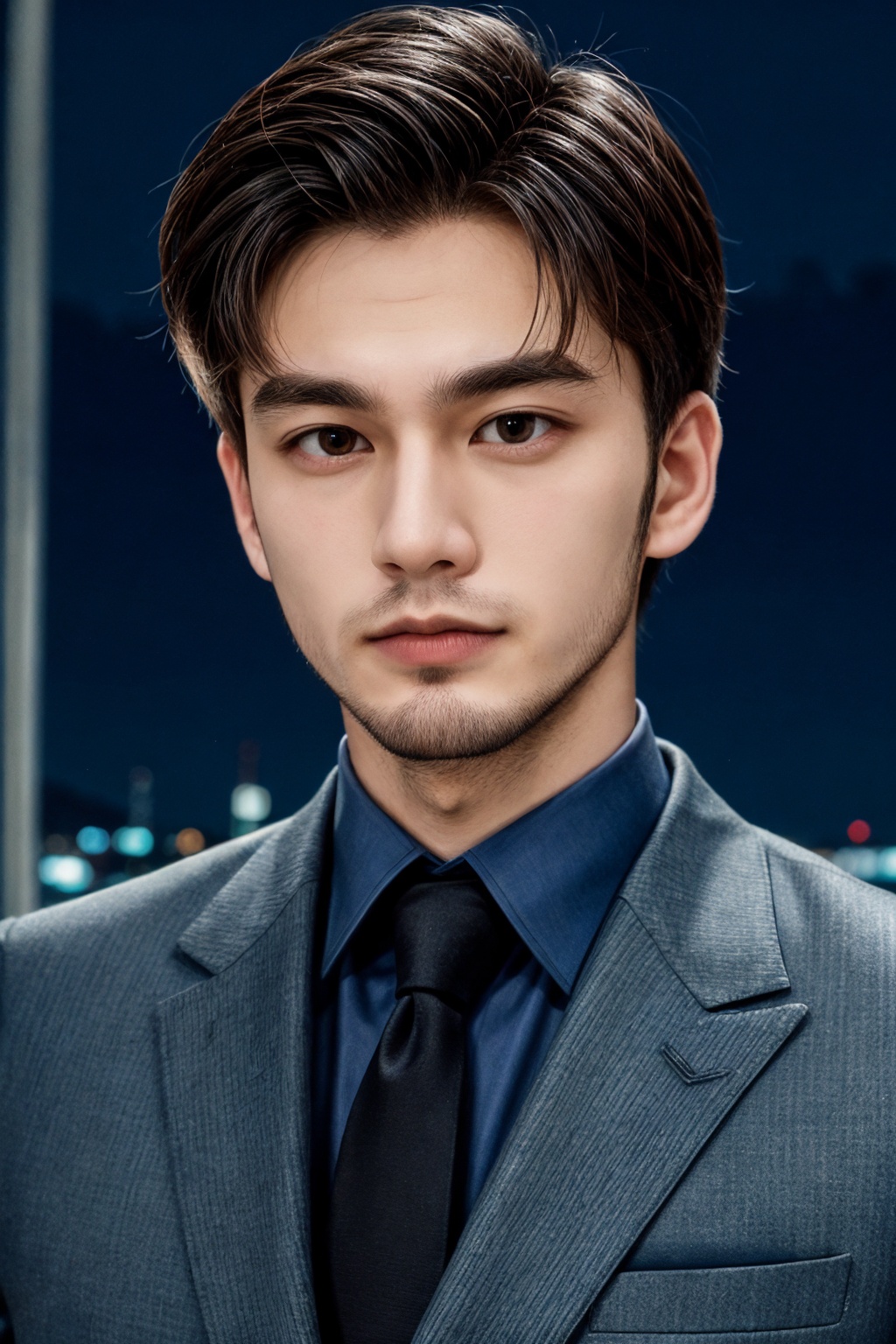 closeup face photo of 28 y.o man in suit,night city street,