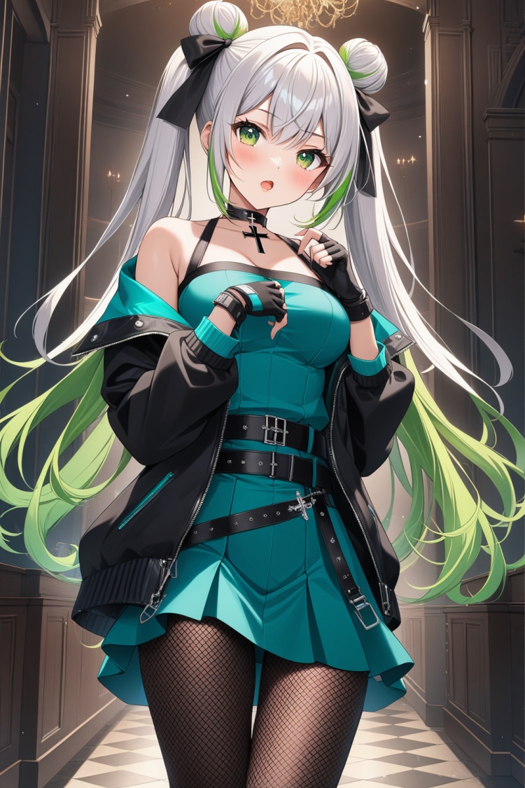 1girl, solo, long hair, breasts, looking at viewer, blush, open mouth, bangs, skirt, shirt, gloves, long sleeves, dress, bow, twintails, jewelry, very long hair, green eyes, jacket, white hair, pantyhose, multicolored hair, cowboy shot, green hair, open clothes, choker, black gloves, belt, indoors, fingerless gloves, off shoulder, hair bun, open jacket, streaked hair, black jacket, black pantyhose, double bun, black bow, gradient hair, black choker, cross, fishnets, fishnet pantyhose, masterpiece