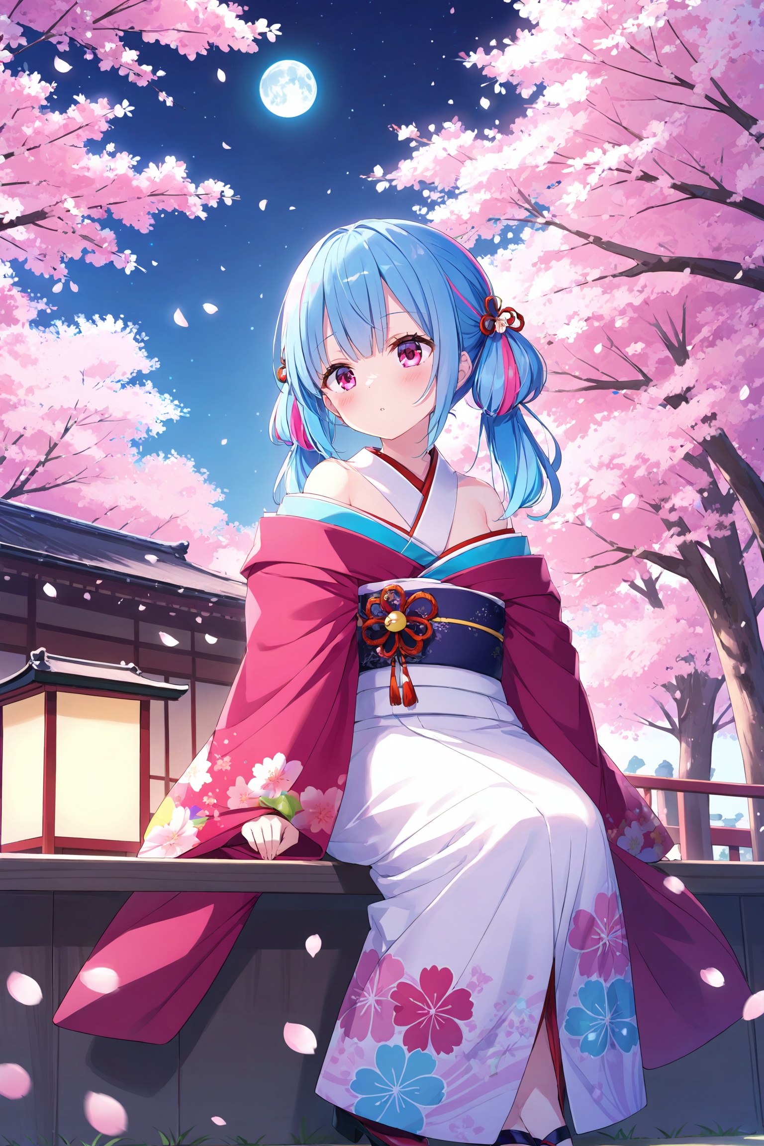 (masterpiece),(best quality),anime,one girl,colorful hair,pink hair and blue hair,twin tails,pink eyes,color,Kyoto,Cherry tree,petal,moon,kimono,off shoulder,sitting,alone,<lora:emyakora 1.0:0.5>,