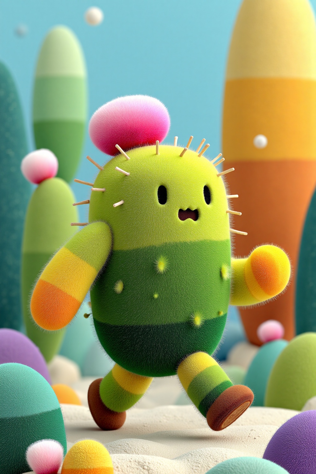 beijihui,A walking cactus creature with soft rounded spikes and cheerful vibe,