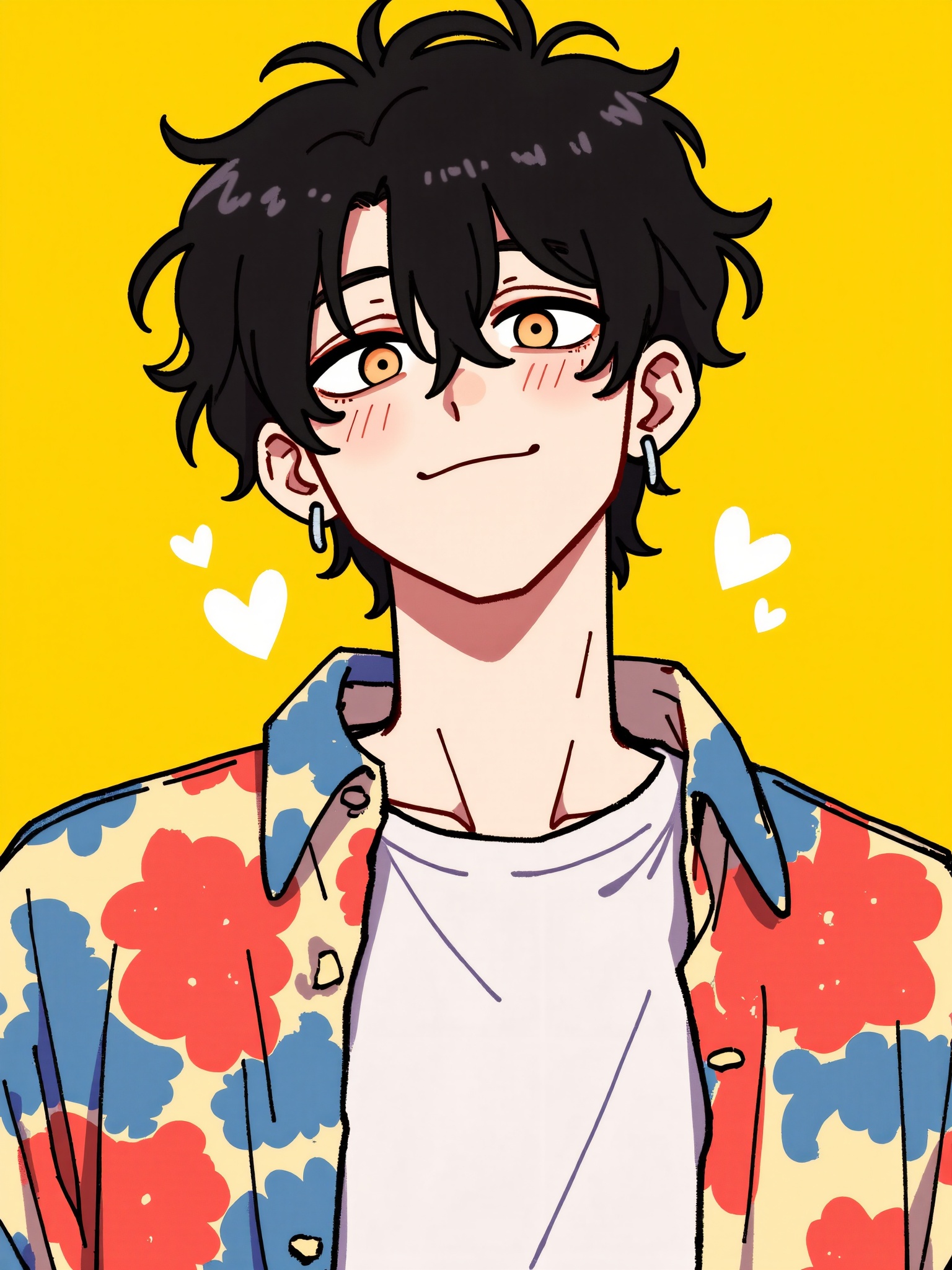 <lora:动漫头122:0.8>,anime style,a young man wearing a shirt with red,blue,and yellow patterns. Underneath the shirt,he is wearing a white T-shirt. He has short black hair,slightly disheveled,and is smiling with his eyes looking to the left of the camera. He has a small stud earring in his left ear. The background is a solid yellow.,