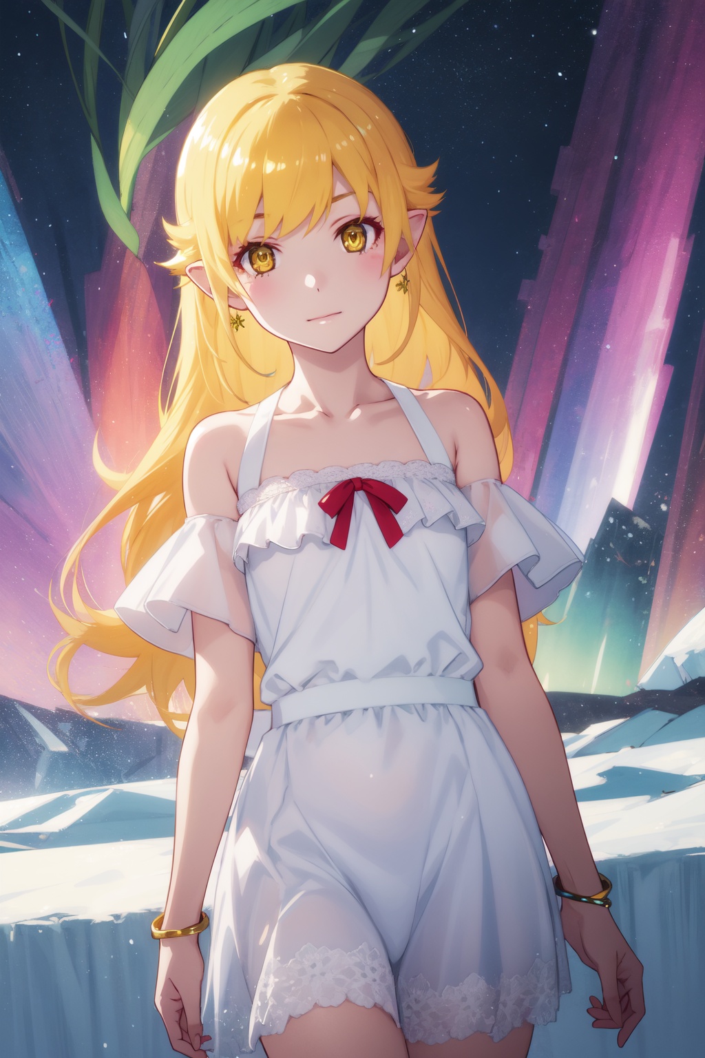<lora:Acerola-000007:0.8>,Acerola cyql,1girl,looking at viewer,solo,blonde hair,long hair,yellow eyes,blush stickers,dress,bare shoulders,pointy ears,collarbone,bracelet,white dress,jewelry,Confident, Eyes that meet the viewer directly, a slight smile, and a relaxed posture.,panorama,beautiful face,beautiful eyes,glossy skin,shiny skin,Tundra, Permafrost, Arctic fox, Caribou, Polar bear, Snowy owl, Aurora, Cold, Barren landscape,(Rose bushes, Spring blooms, Garden sanctuary, Fragrant air, English countryside, Springtime charm:0.6),beautiful detailed sky,beautiful detailed glow,posing in front of a colorful and dynamic background,masterpiece,best quality,beautiful and aesthetic,contrapposto,female focus,wallpaper,fashion,