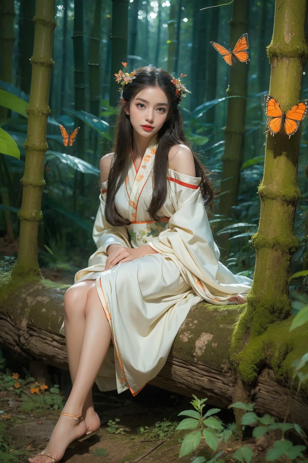 (masterpiece:1.2),best quality,highres,extremely detailed CG,8k wallpaper,photograph,night,1girl,forest system,nature,butterfly,bug,long hair,butterfly,hair ornament,sleeves flying,ribbon trim,looking at viewer,hanfu,barefoot_sandals,makeup,red lips,bare shoulders,lipstick,hair flower,<lora:FF_20240114010424-000007:0.7>,