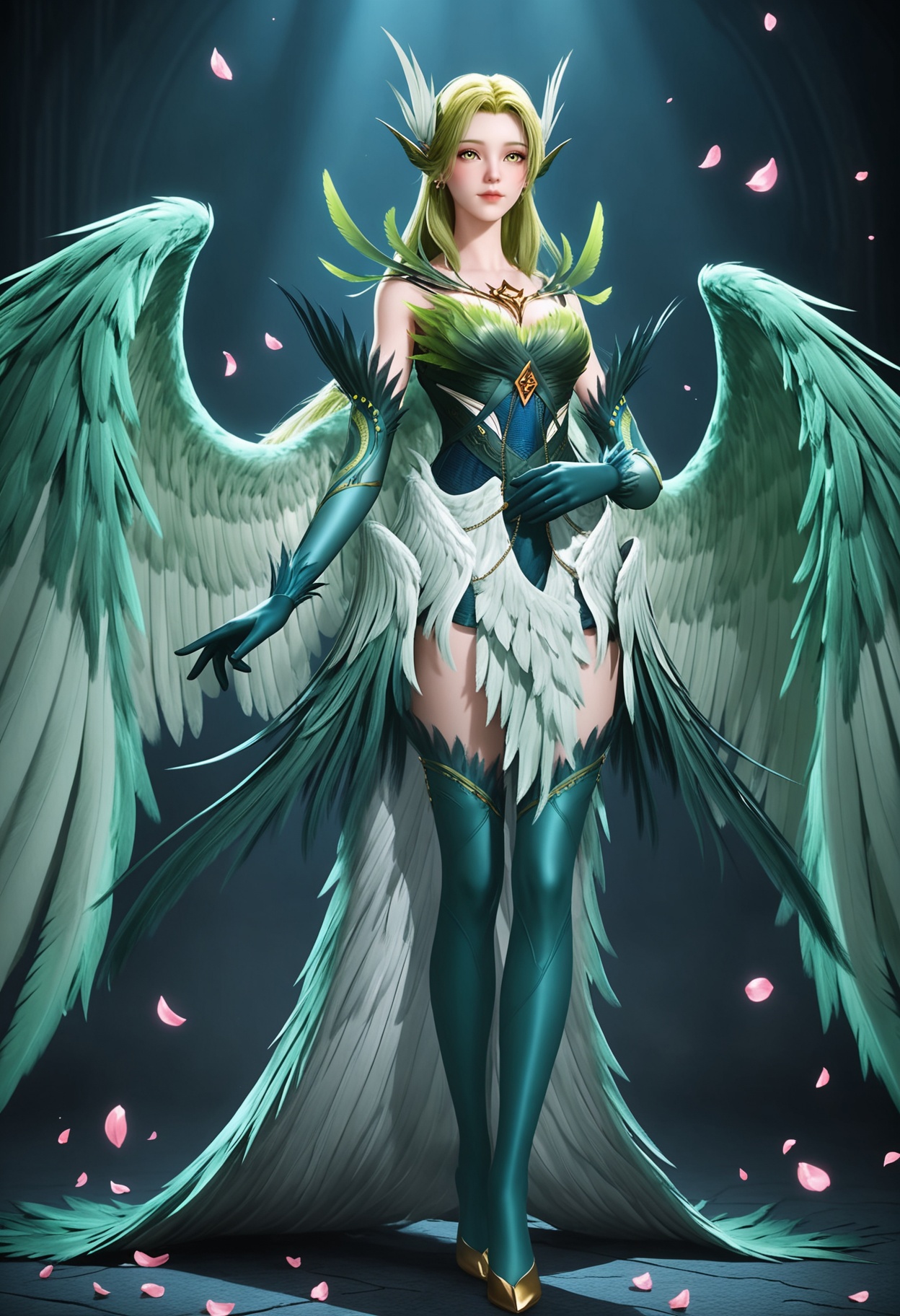 (standing full_body:1.1),(looking at viewer:1.1),masterpiece,(best quality),smog,Dark room,dim lighting,peach blossom,falling petals,<lora:YQ_Illustrious光辉v5_碧姬_V1:0.8>,q1528437228,solo,1girl,long hair,green hair,feathers,green eyes,blonde hair,hair ornament,pointy ears,wings,gloves,dress,green wings,elbow gloves,jewelry,feathered wings,green dress,thighhighs,armor,yellow eyes,earrings,green feathers,multiple wings,