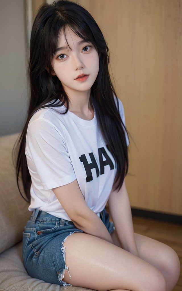 1girl,solo,sitting,long hair,realistic,looking at viewer,black hair,best quality,(high quality:0.9),4k,8k,(masterpiece:1,2),highres,high resolution,8k,RAW photo 8k,ultra high res,upon_body,photorealistic,dslr,8k uhd,Photograph,full body,beautiful fingers,Bare leg,Beautiful face,fair_skin,white sox,t-shirt,cutoffs,<lora:Student boon boon01-2:0.8>,