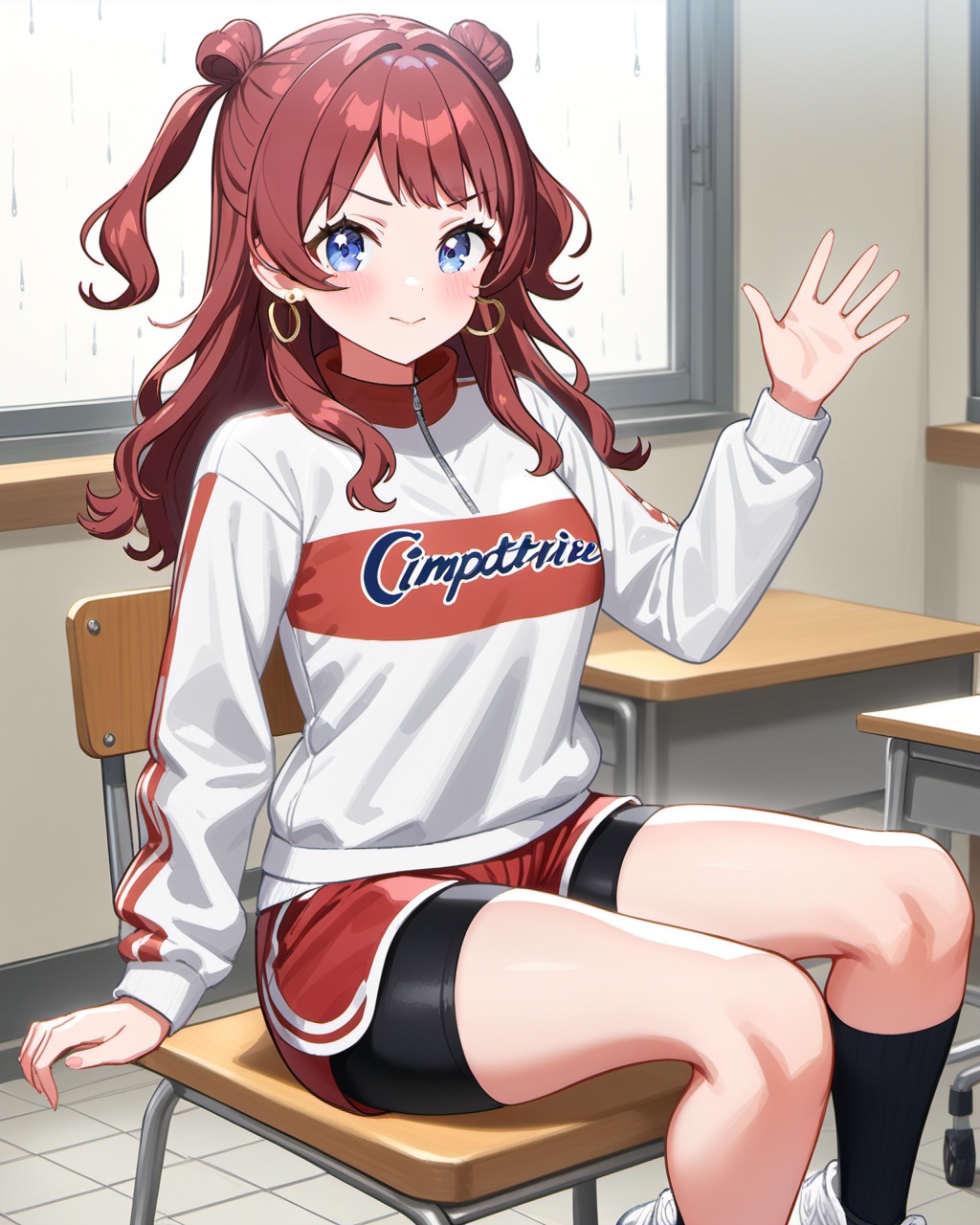 (impasto),best quality,masterpiece,highres,<lora:gakuenidolmaster1-A3:0.5>,saki hanami,saki three,1girl,blue eyes,red shorts,earrings,shoes,black socks,jewelry,bike shorts,black shorts,long sleeves,white footwear,blush,long hair,two side up,sneakers,red hair,double bun,clothes writing,white background,look at viewer,upper body,raining,classroom,waving,windows,sky,sitting on chair